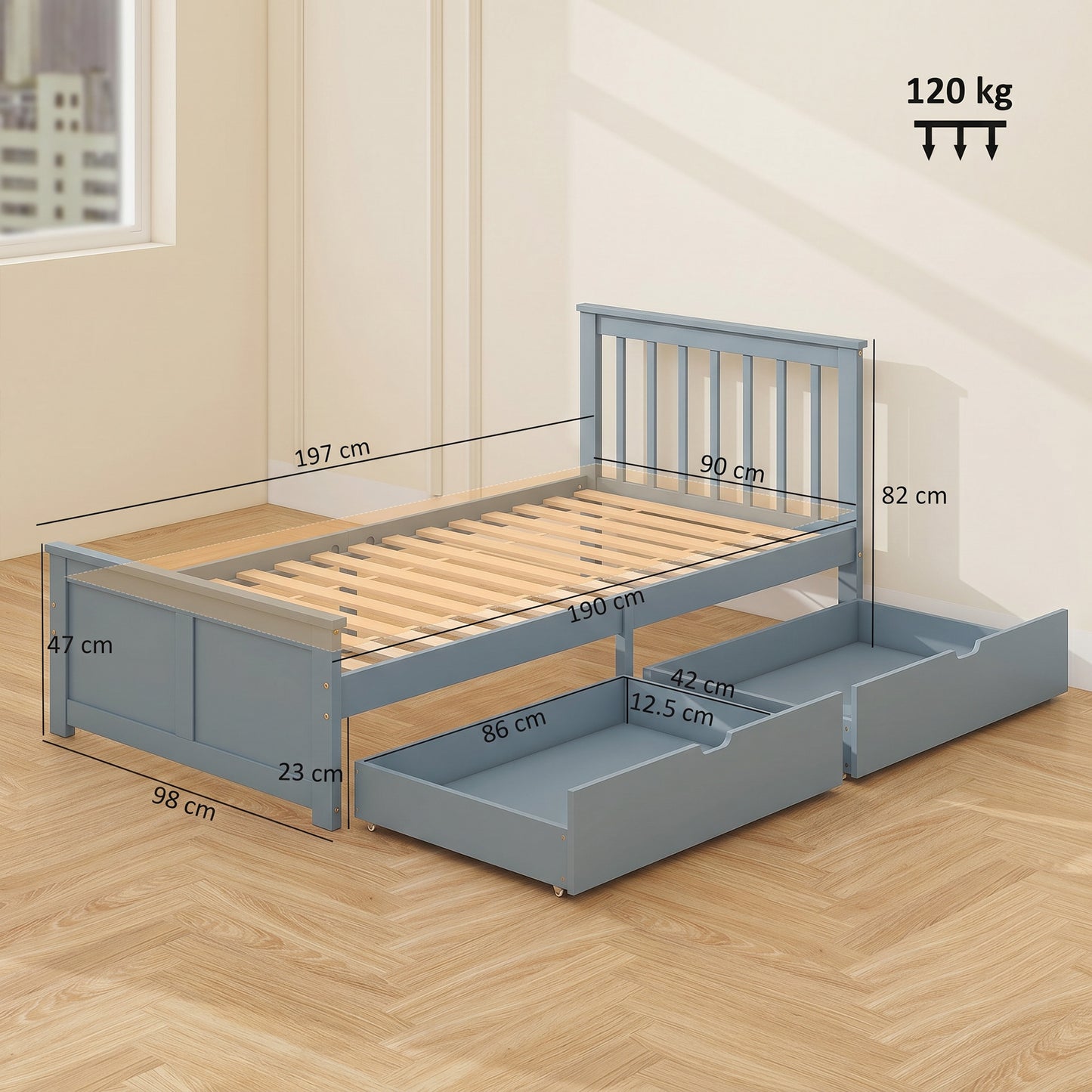 HOMCOM Pine Storage Bed 3ft Single Solid Wooden Bed Frame With Drawers Headboard Wood Slat Support Grey