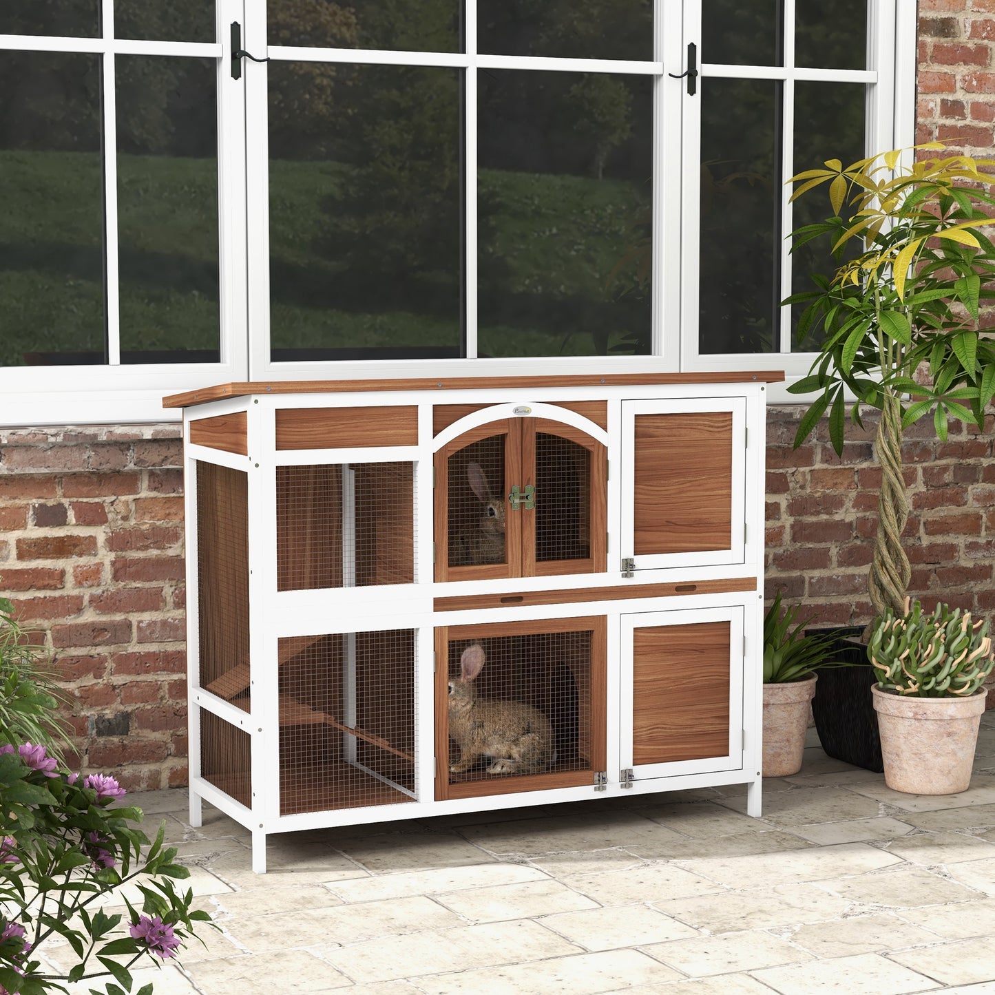 PawHut Double-Deck Wooden Guinea Pig House with Removable Roof and Easy Clean Tray - ALL4U RETAILER LTD