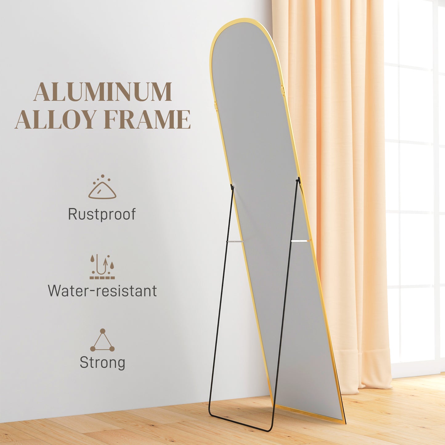 HOMCOM 162cm Aluminium Frame Standing Mirror Gold Two Way Design For Wall Mount Or Freestanding Back Leg