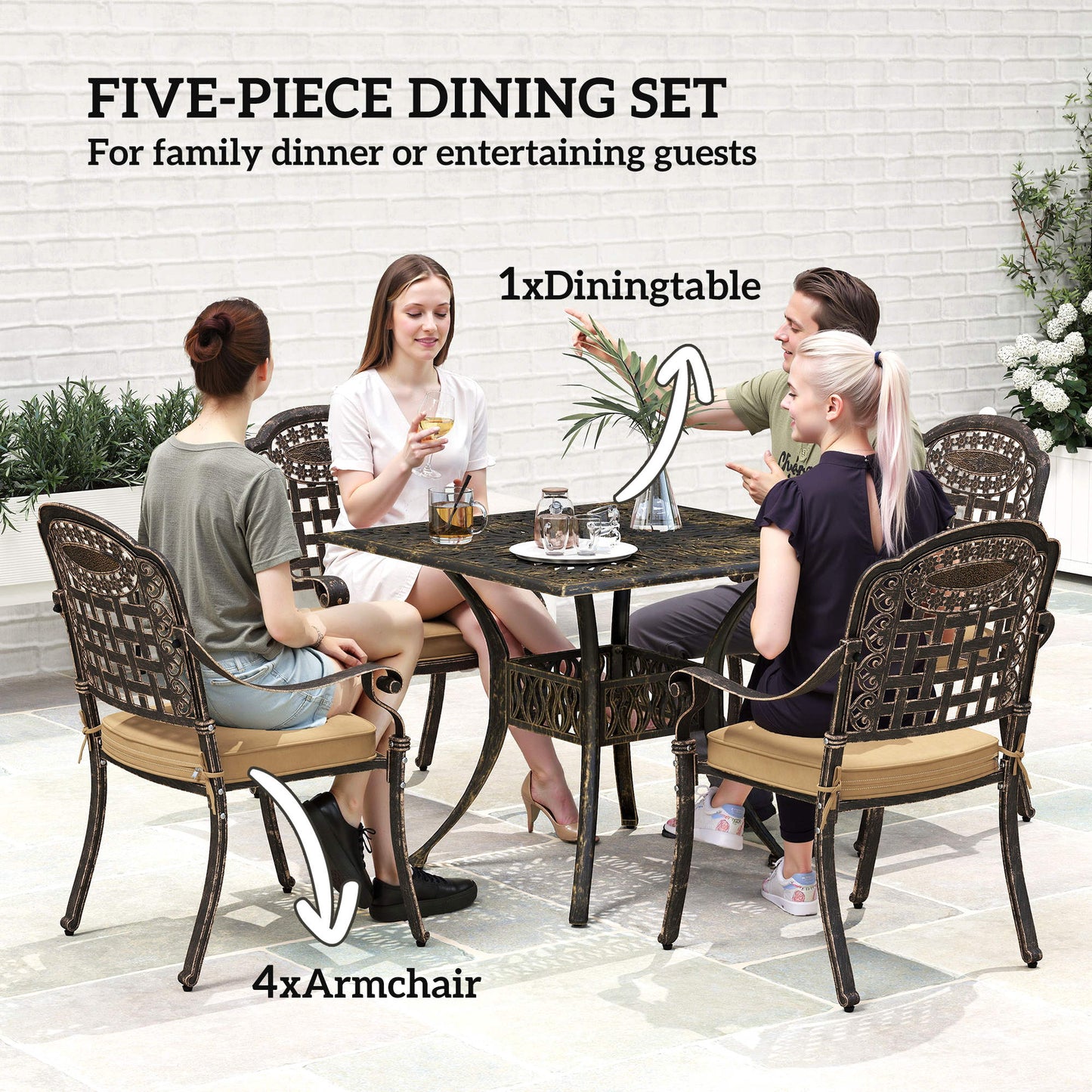 Outsunny Five Piece Cast Aluminium Garden Dining Set Bronze Tone With Square Table And Floral Grid Cutouts
