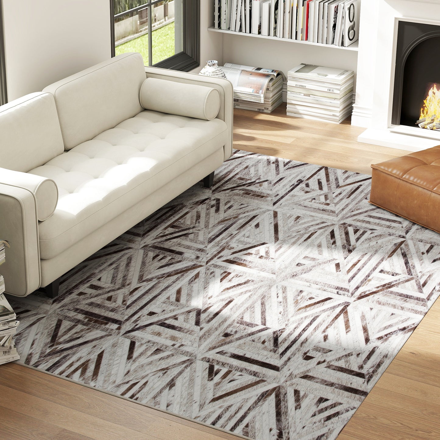 HOMCOM Modern Area Rug Triangle Pattern Non Slip Washable Chenille Carpet For Living Room Bedroom 290 x 200 cm Brown