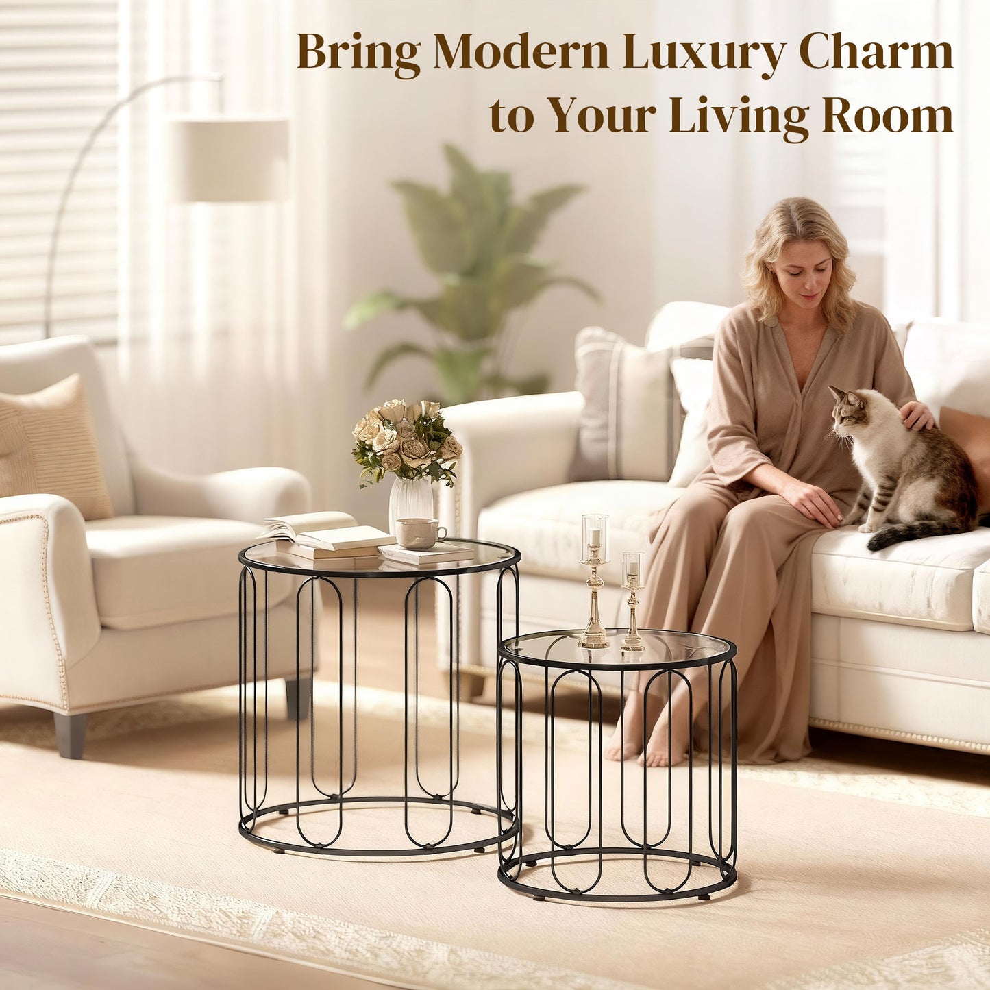 HOMCOM Elliptical Cutout Nesting Tables Black Glass Top With Metal Ring Frame Two Piece Set