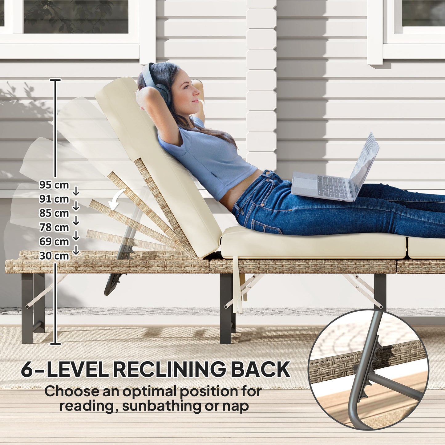 Outsunny Single Folding Rattan Sun Lounger With Cushion Grey Adjustable Back Powder Coated Steel Frame