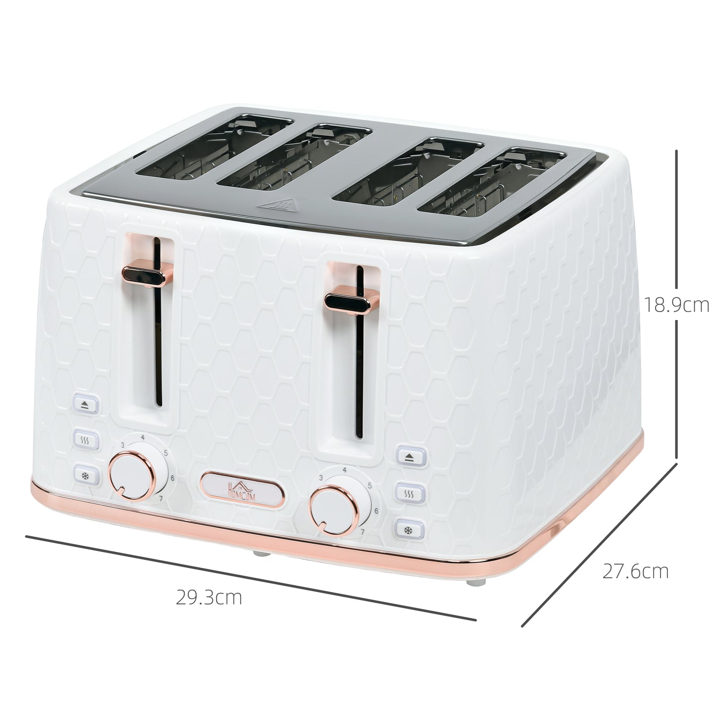 HOMCOM Four Slice Honeycomb Toaster White With 7 Toasting Levels Automatic Browning Countertop Kitchen Appliance