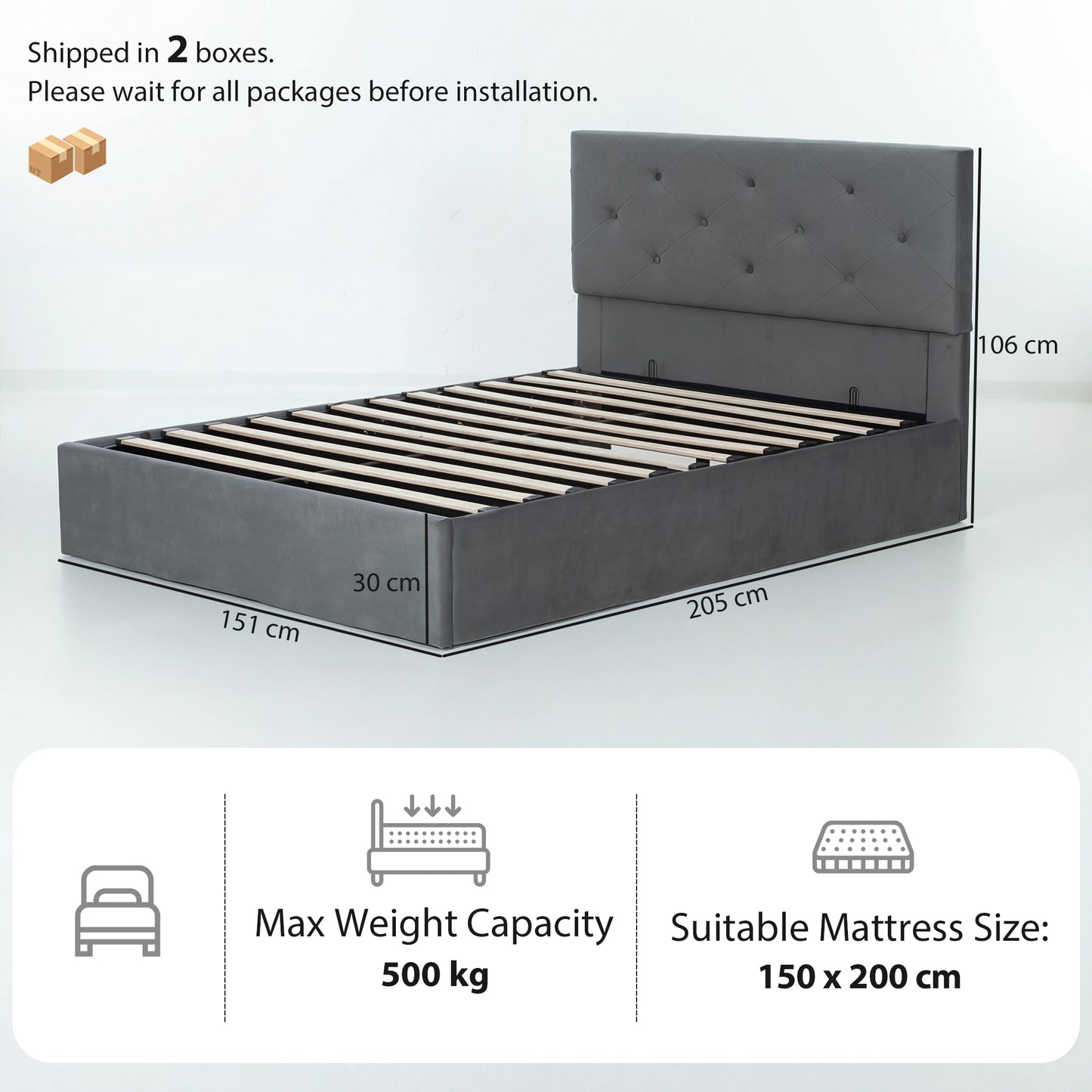 HOMCOM King Size Bed Frame With Gas Lift Under Bed Storage And Upholstered Tufted Headboard For 150 x 200 cm Mattress