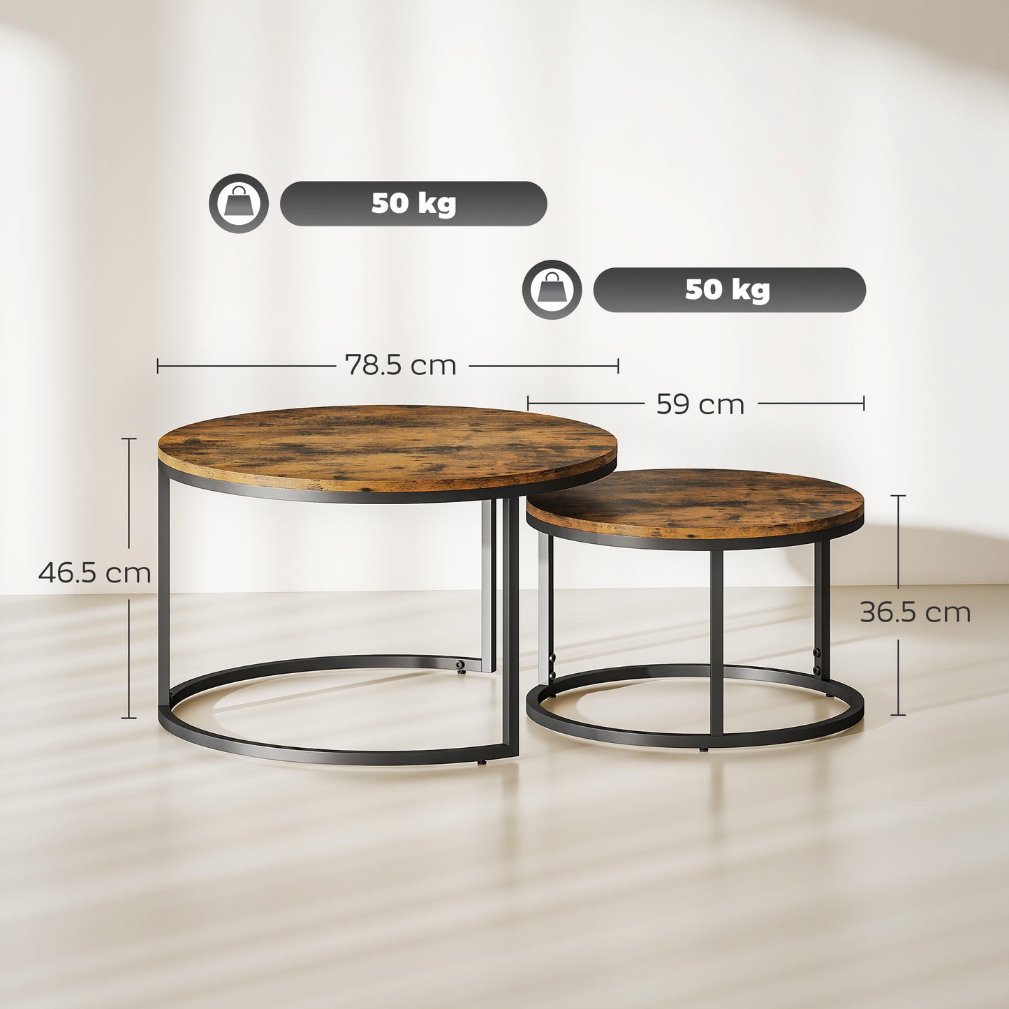 HOMCOM Set of Two Wood Effect Stacking Tables Rustic Brown Small and Large Overlapping Side Tables for Space Saving