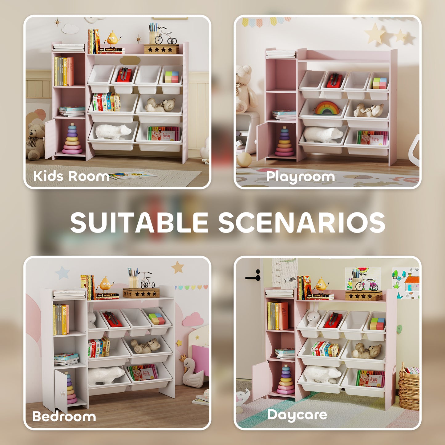 AIYAPLAY Pink Toy Storage Unit With 8 Removable Bins Shelves And Cabinet For Kids
