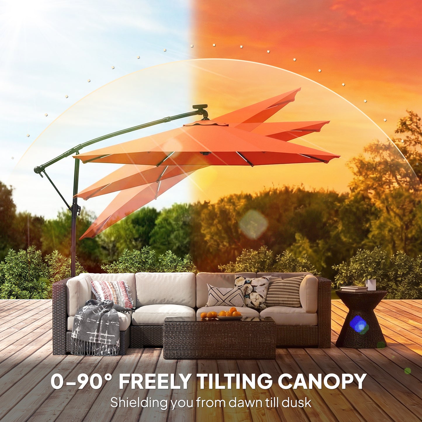 Outsunny 3 m Cantilever Garden Parasol With LED Solar Lights Round Umbrella 360 Degree Rotation Cover Orange