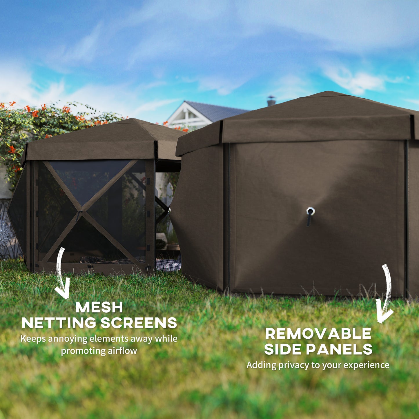 Outsunny 3x3m Hexagon Pop Up Gazebo With 5 Sides Carry Bag Waterproof UV Resistant Garden Patio Tent Brown