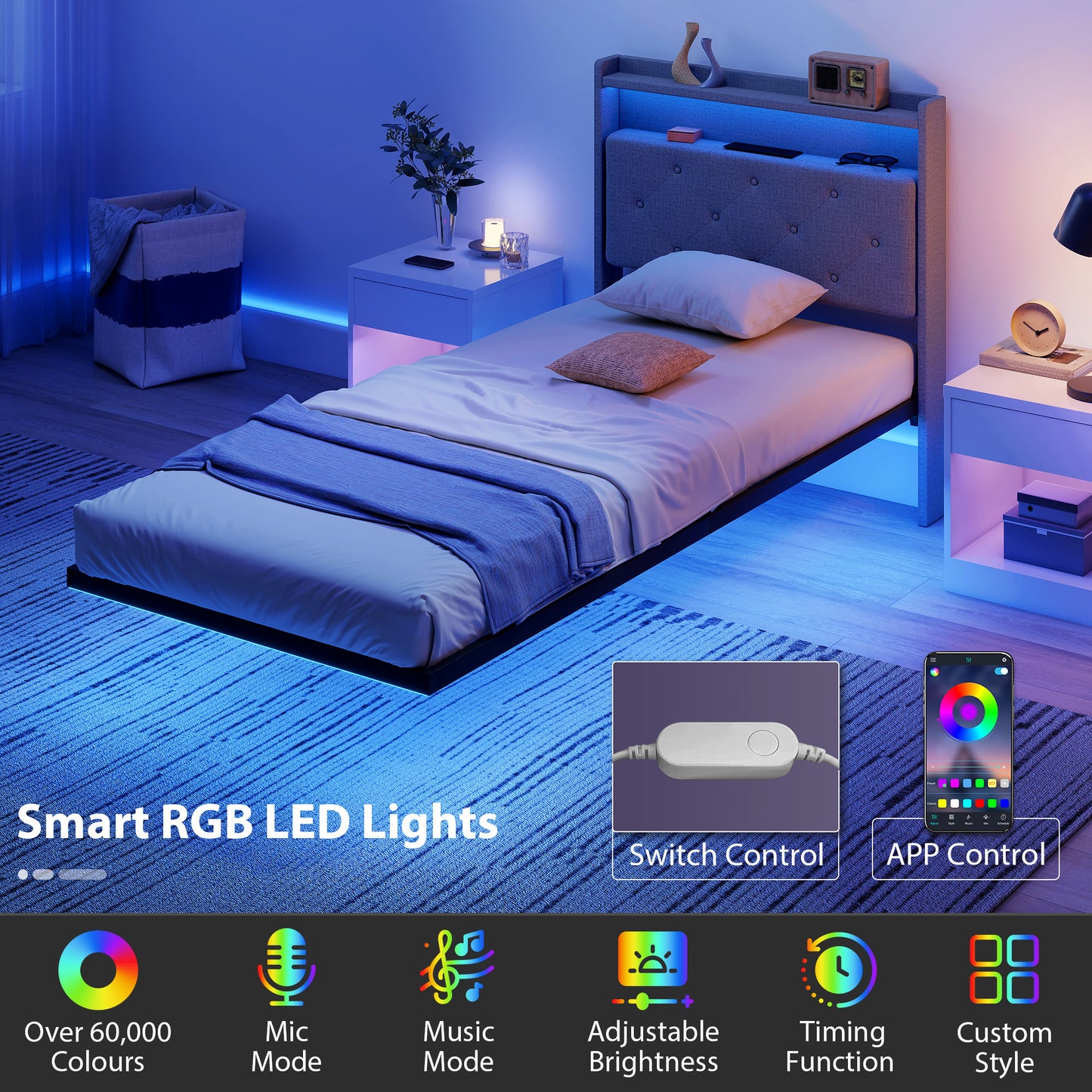 HOMCOM Floating Bed Frame 3ft Single Size Platform Bed With RGB LED Lights And Charging Station Grey