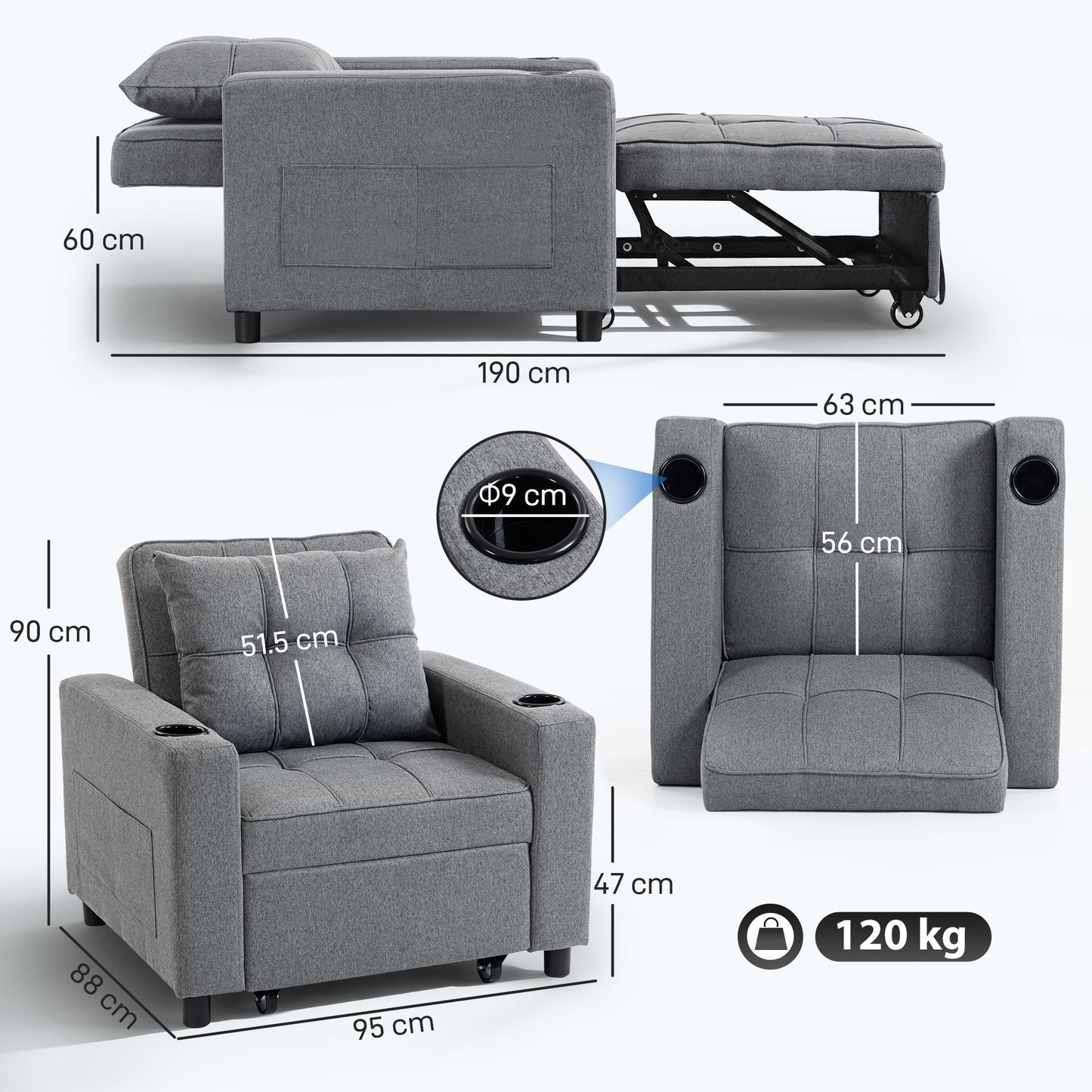 HOMCOM 3-In-1 Sofa Bed Armchair to Lounger to Bed Dark Grey 95 X 190 Cm Bed Size