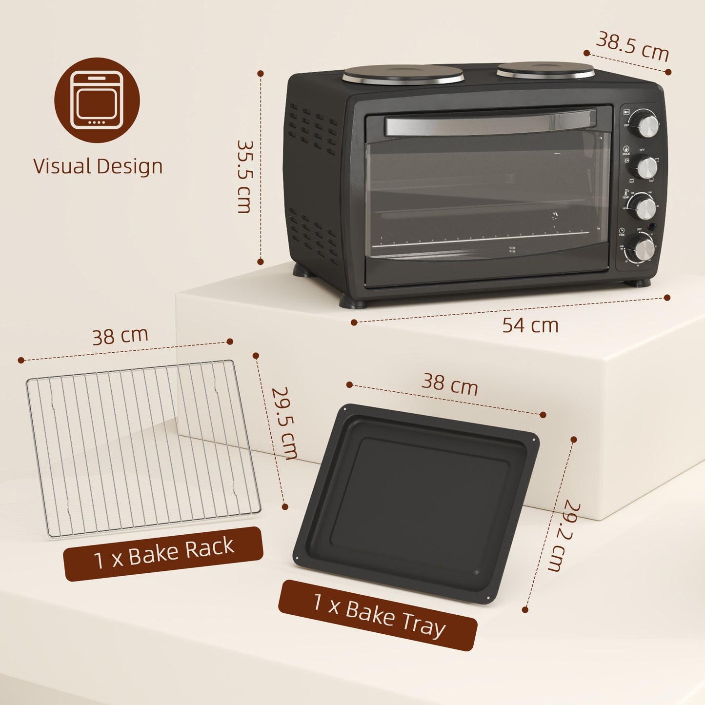 HOMCOM 36L Compact Oven With Dual Hot Plates, Countertop Toaster Oven For Grill, Bake, Roast, Boil, 2600W Black