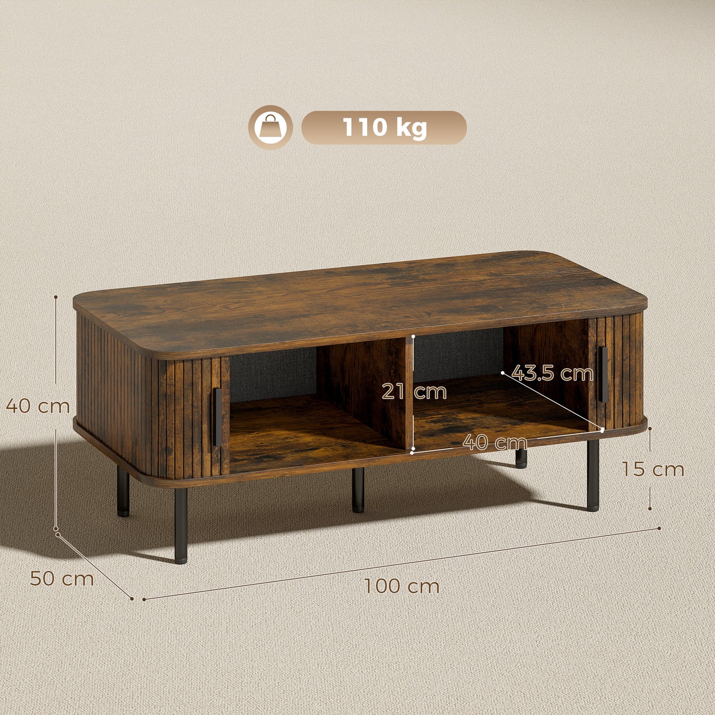 HOMCOM Coffee Table With Storage Slatted Tambour Sliding Doors Elevated Base Rustic Brown For Living Room