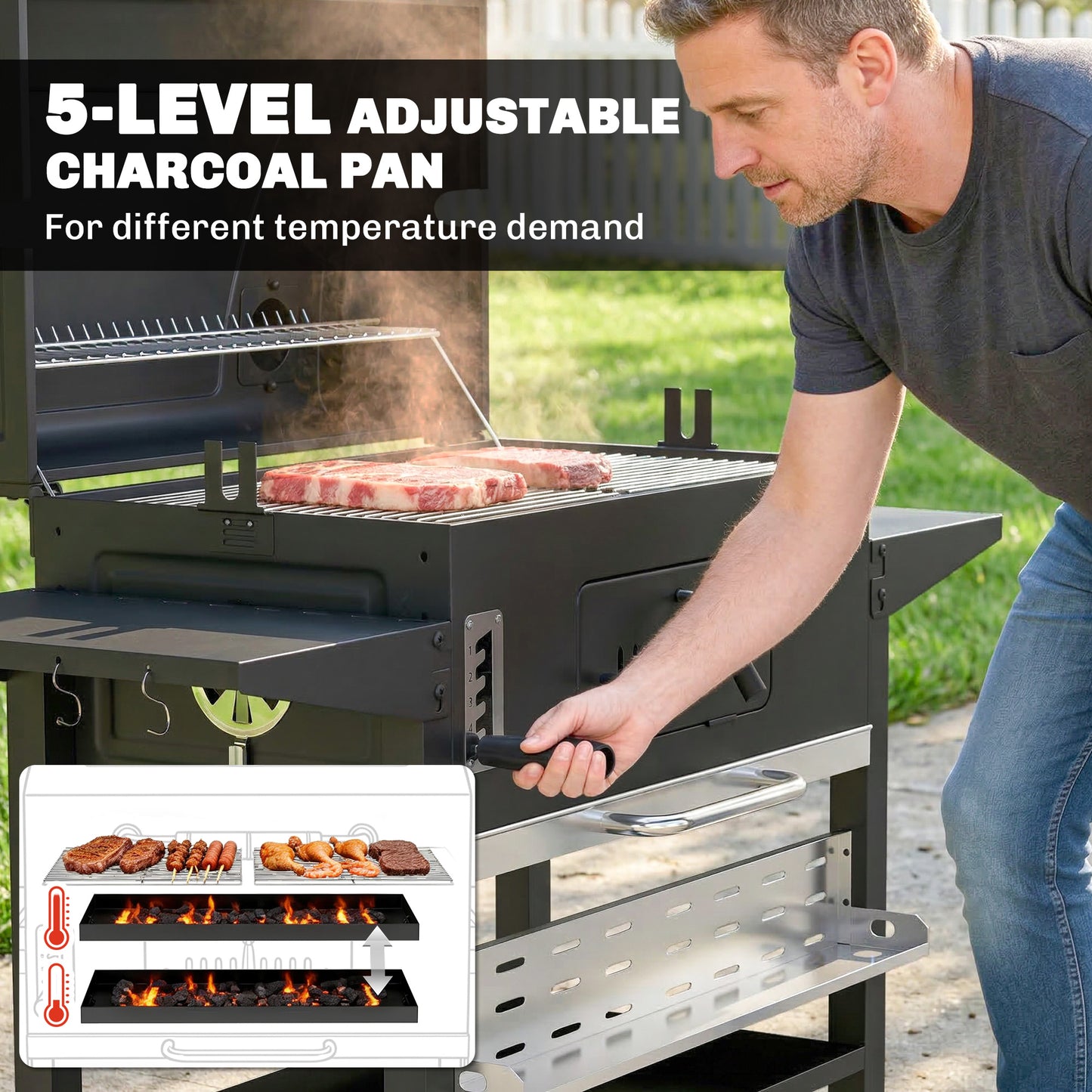 Outsunny Charcoal BBQ Grill Smoker With Electric Rotisserie Kit Portable Barbecue Grill Warming Rack Black