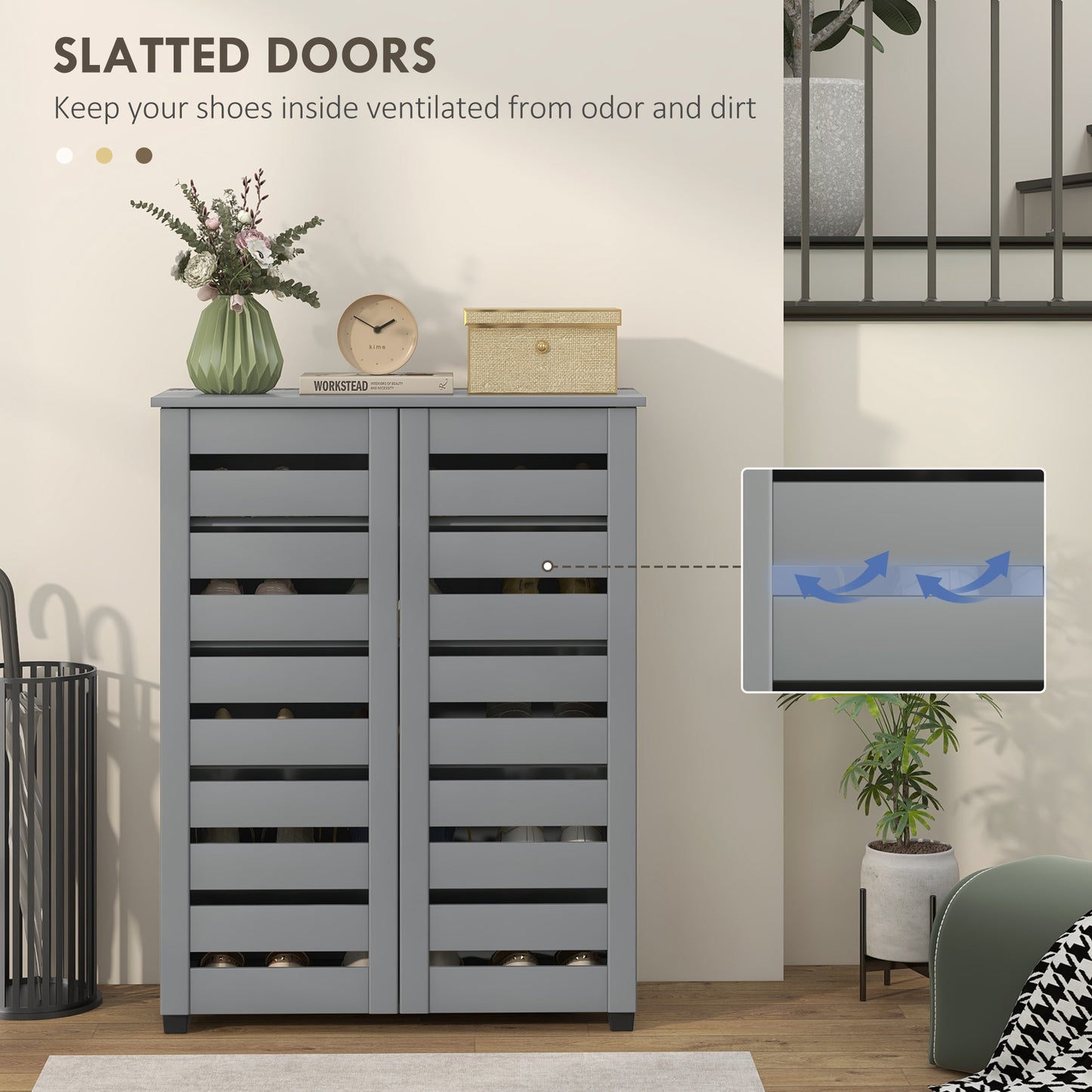 HOMCOM Narrow Shoe Cabinet for Entryway Five Tier Slim Shoe Storage with Two Slatted Doors and Adjustable Shelves Grey