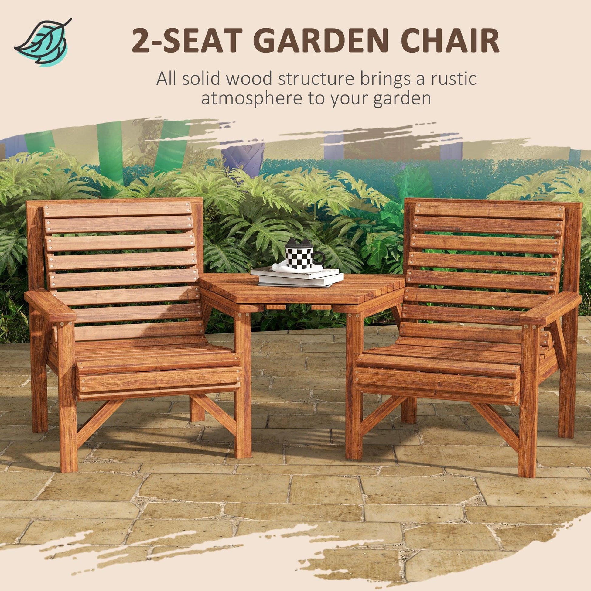 Outsunny Wooden Garden Love Seat w/ Coffee Table Umbrella Hole, Tan Brown - ALL4U RETAILER LTD