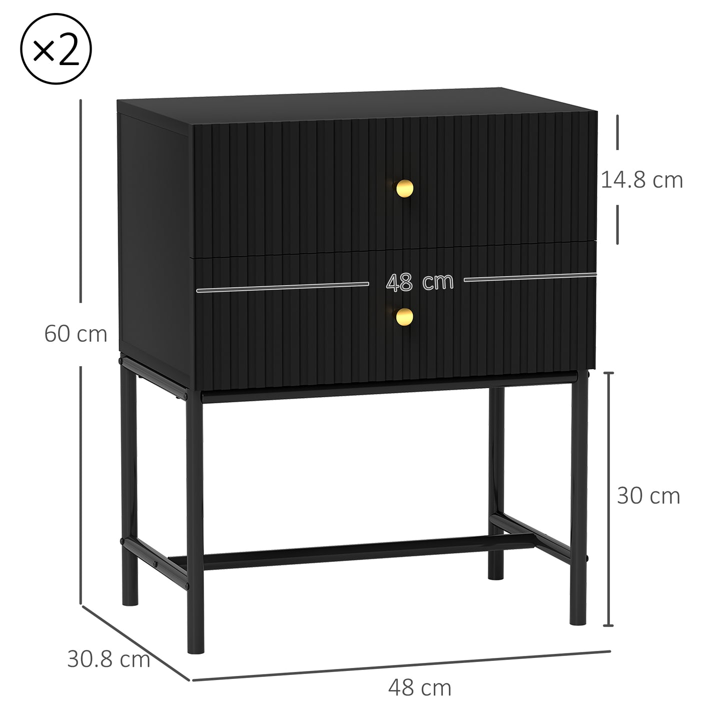 Homcom Elegant Two Drawer Bedside Table Set Of 2 Black Nightstands With Gold Handles
