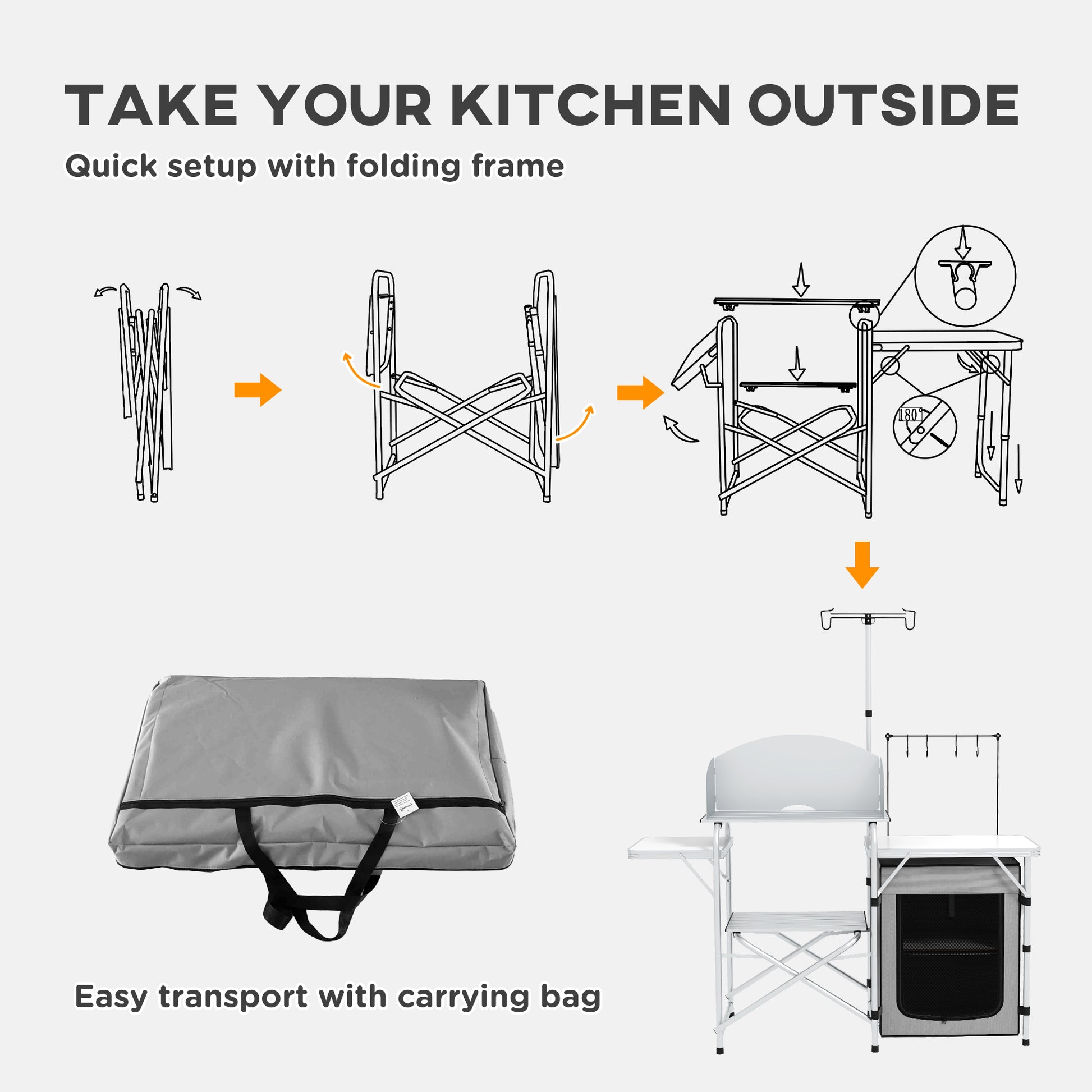 Outsunny All-in-One Portable Camping Kitchen with Aluminium Folding Table, Windshield & Light Stand - Includes Carry Bag - ALL4U RETAILER LTD