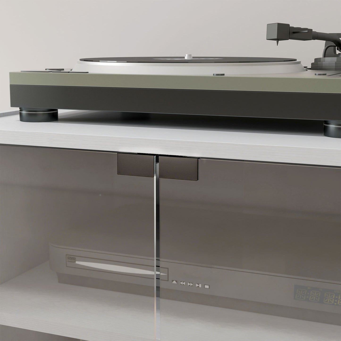 HOMCOM Four Tier Hi Fi Stand Record Player Stand With Adjustable Shelves And Push To Open Glass Doors White Wood Effect
