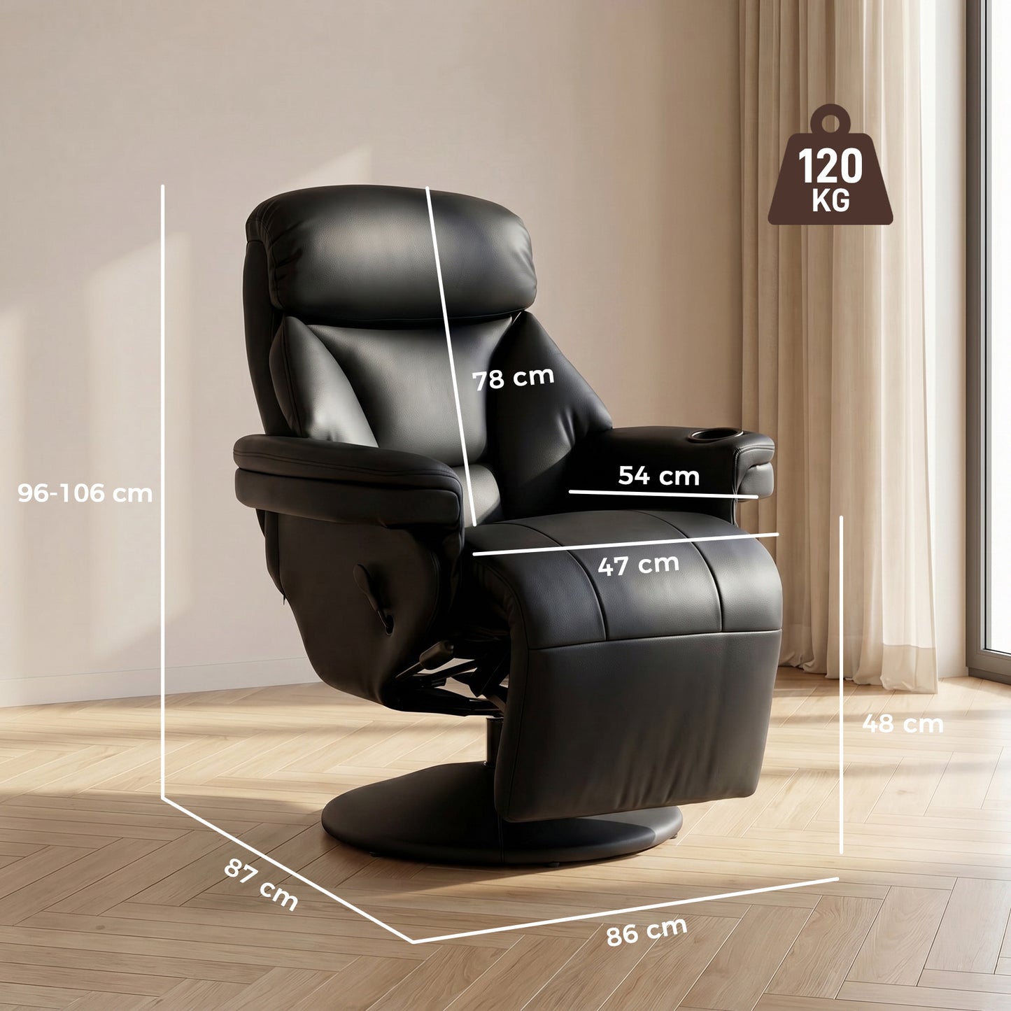 HOMCOM Upholstered Manual Recliner Armchair With Footrest And Adjustable Backrest PU Leather Black