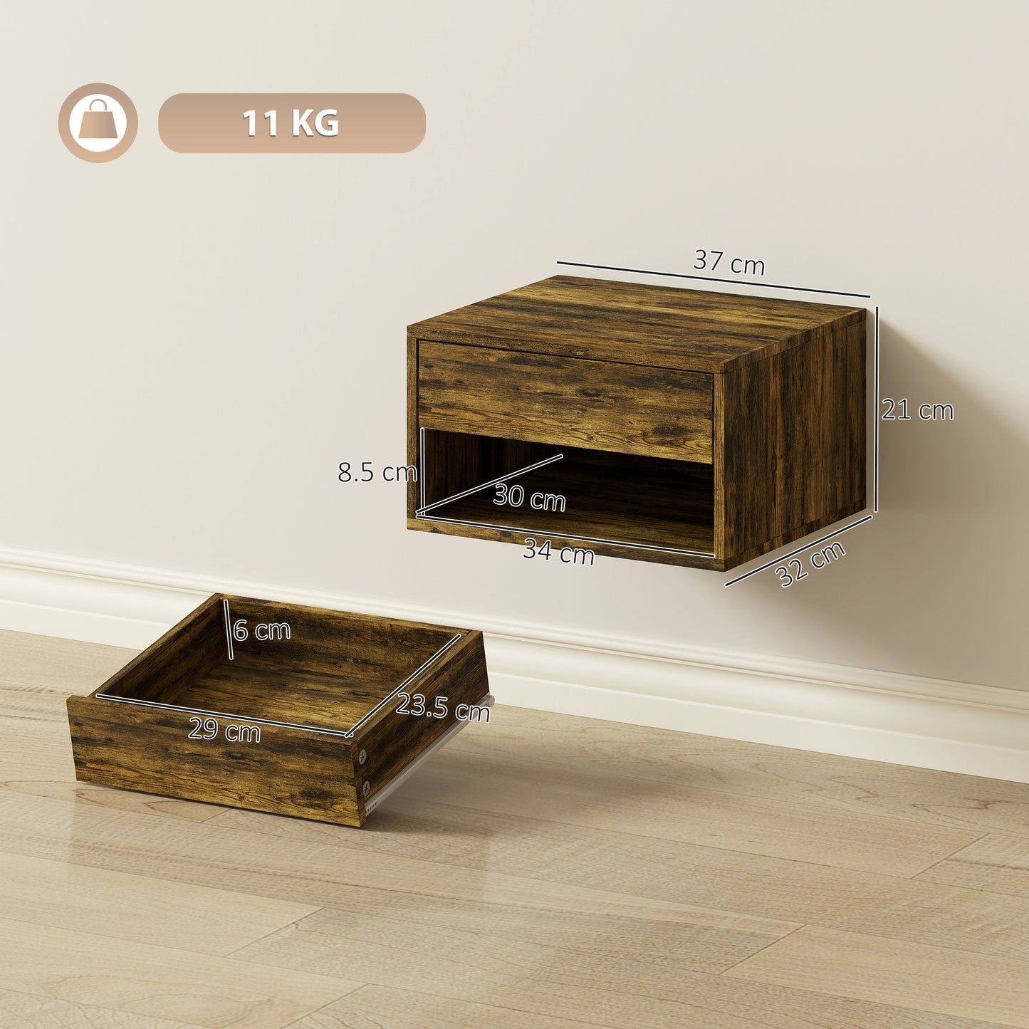 HOMCOM Set Of Two Rustic Brown Floating Bedside Tables With Drawer