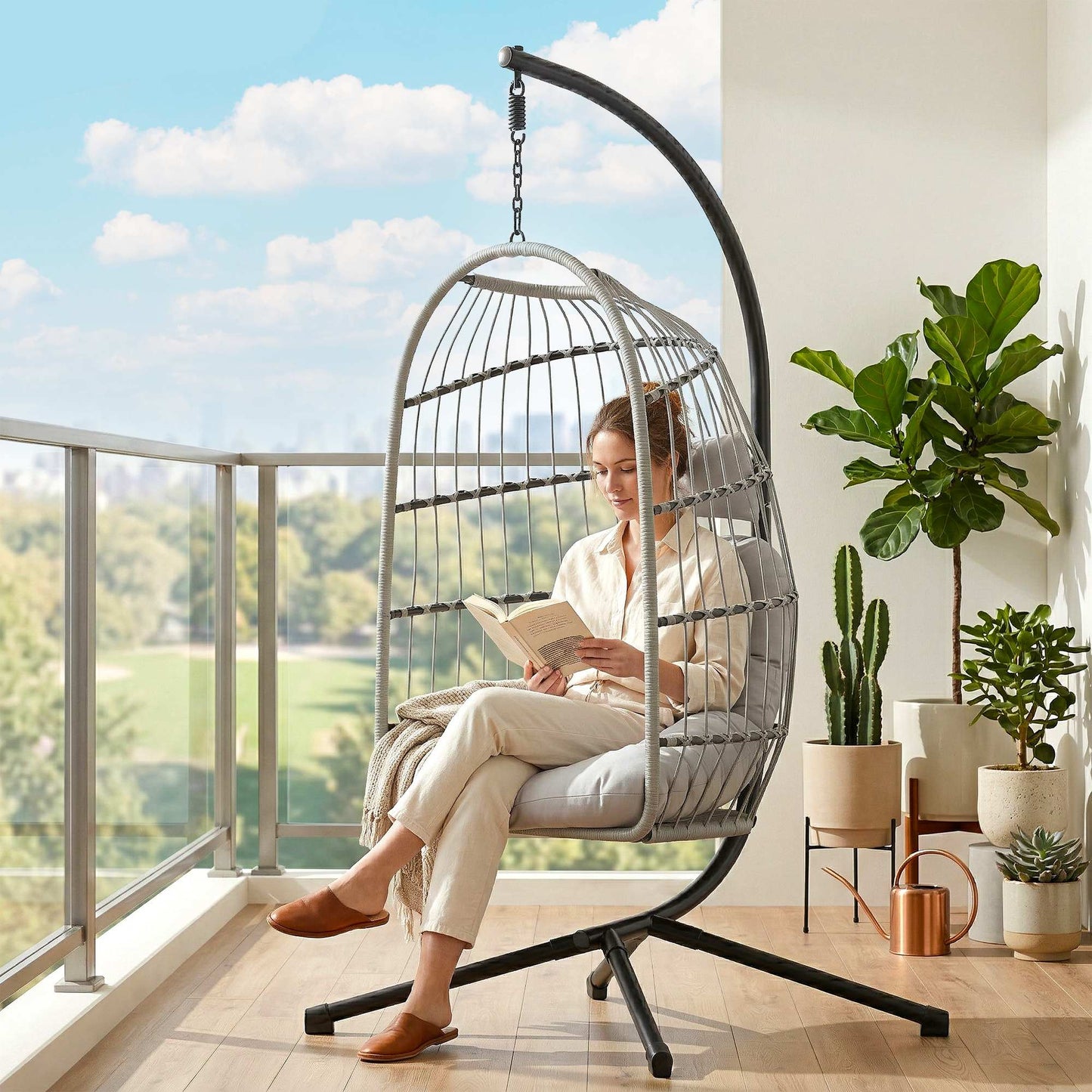 Outsunny Hanging Egg Chair With Stand Indoor Outdoor Hammock Swing Chair Safety Strap Foldable Basket Light Grey