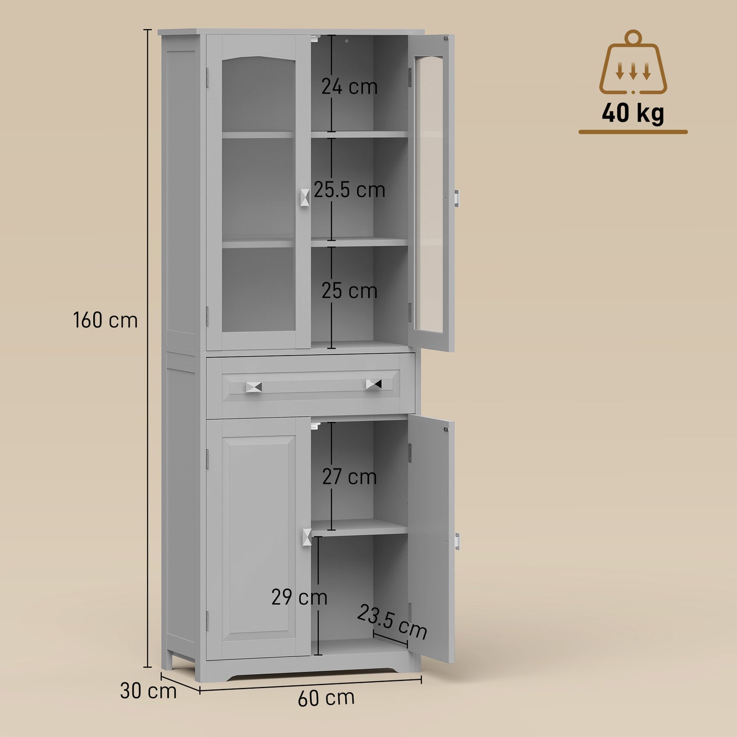 HOMCOM Freestanding Kitchen Cupboard With 2 Adjustable Shelves Drawer Glass Door Living Room Grey