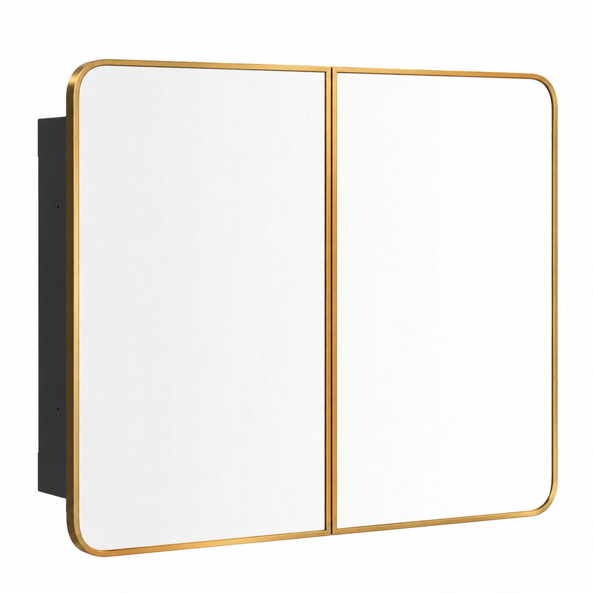 Gold-tone double-door mirror cabinet with rounded rectangular frame