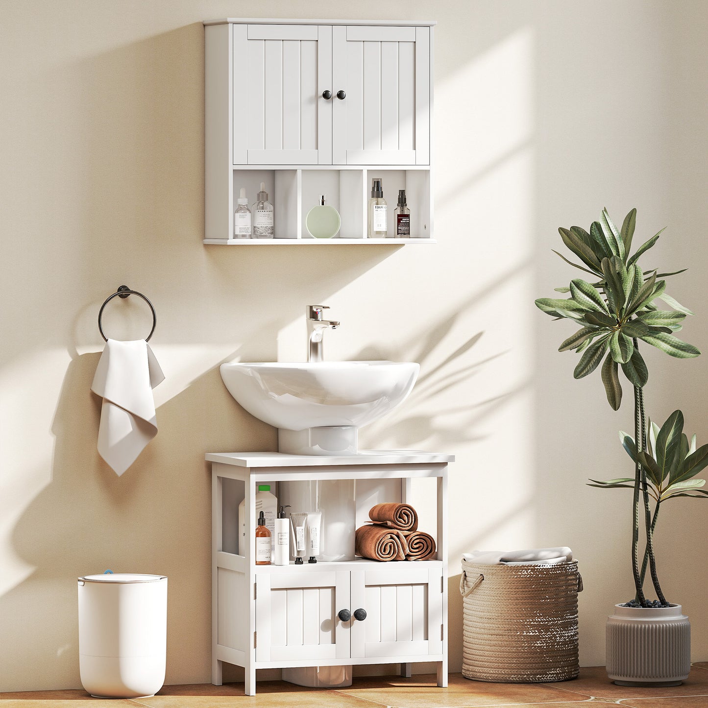 HOMCOM Farmhouse Wall Mounted Bathroom Cabinet With Adjustable Shelf Double Doors Open Compartments White