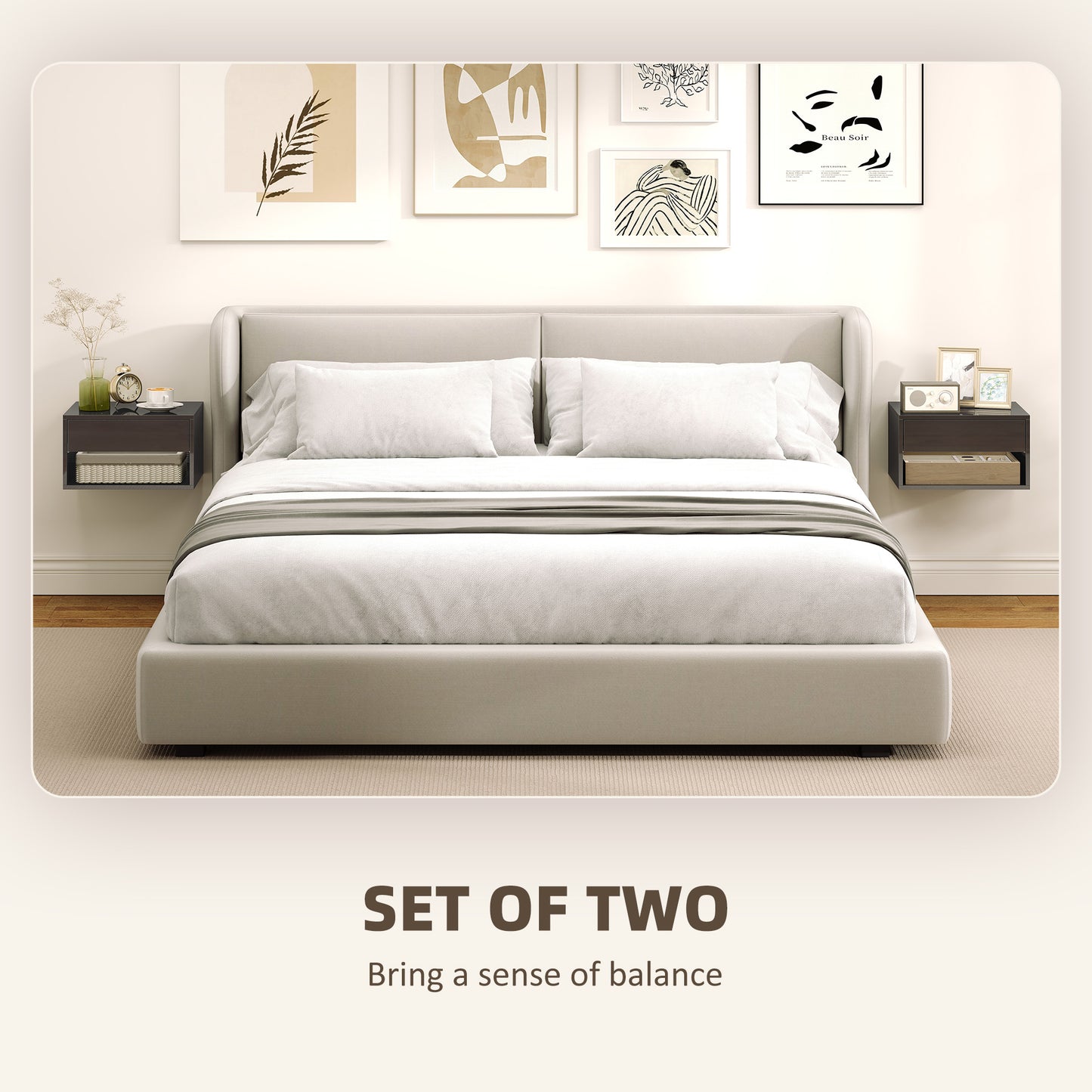 HOMCOM Floating Bedside Tables Set Of 2 Wall Mounted Nightstands With Drawer And Open Shelf High Gloss Black