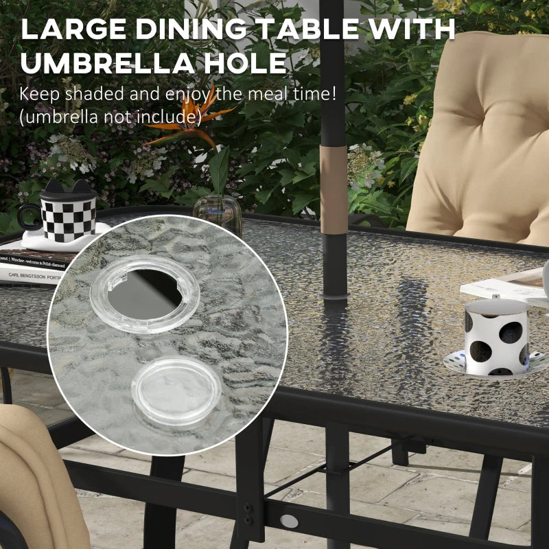 Outsunny 7 Piece Garden Dining Set - Outdoor Dining Table with 6 Cushioned Armchairs, Tempered Glass Top, Umbrella Hole, Texteline Seats in Beige - ALL4U RETAILER LTD