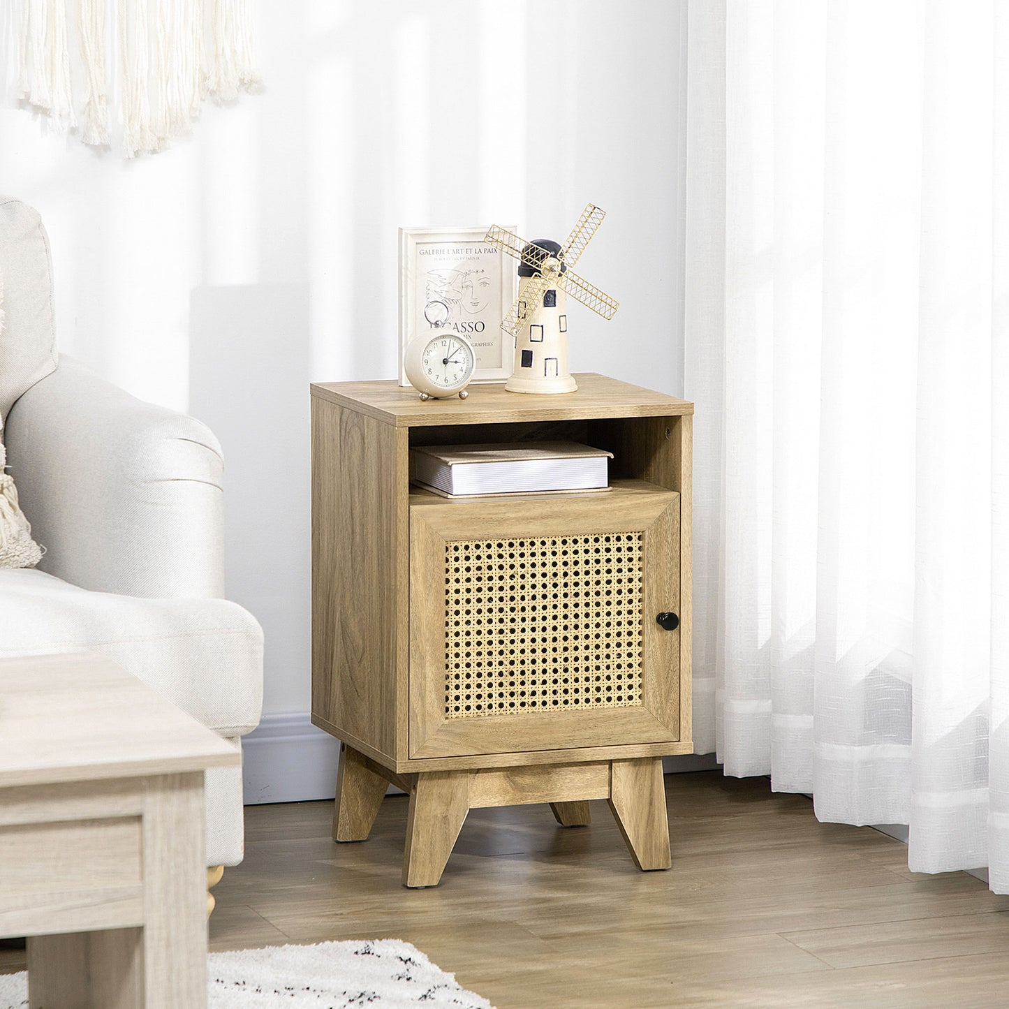 HOMCOM Chest Of Drawers With Four Rattan Drawers And Bedside Table With Door Natural Finish