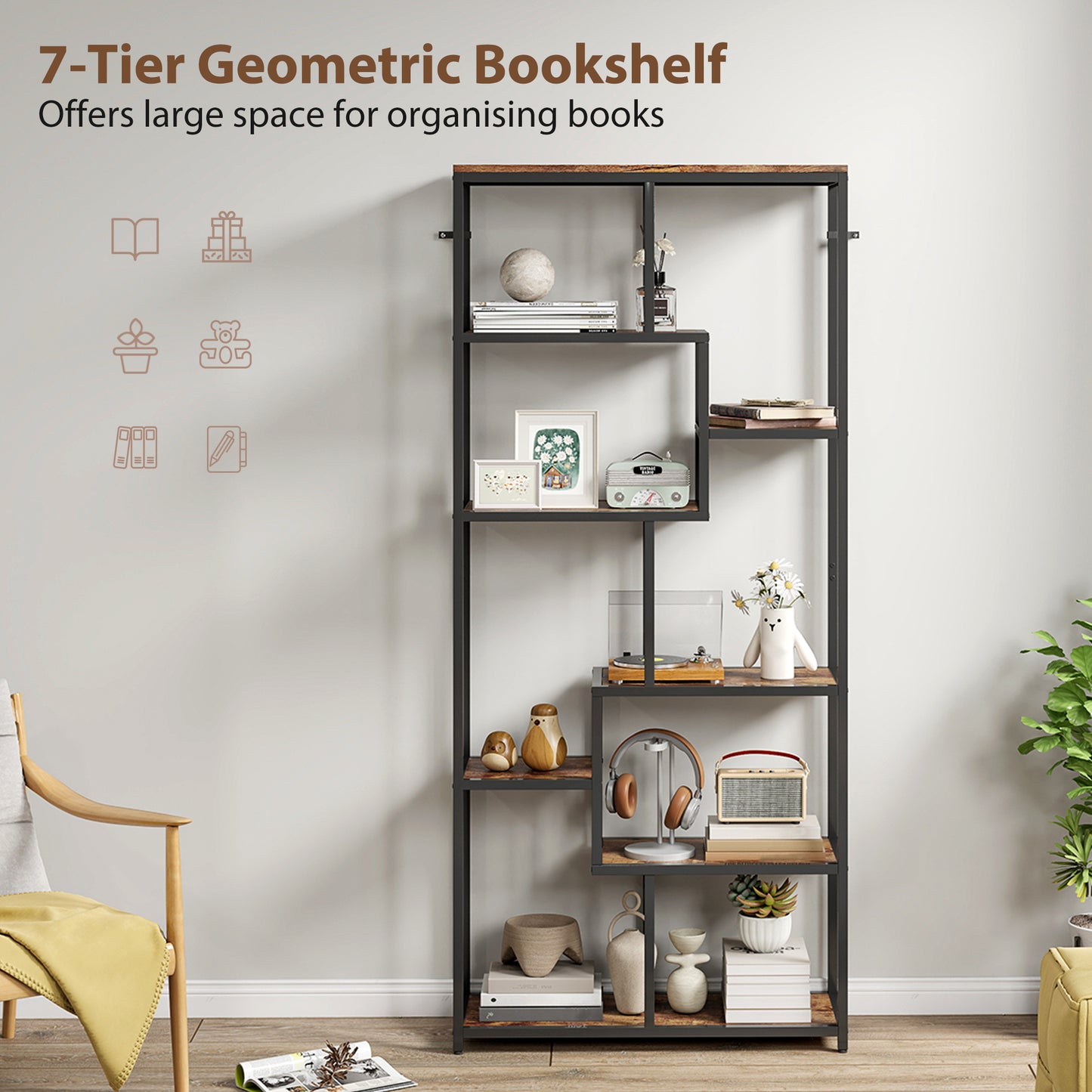 HOMCOM Seven Tier Geometric Bookcase Brown And Black Metal Frame Shelving Unit For Display