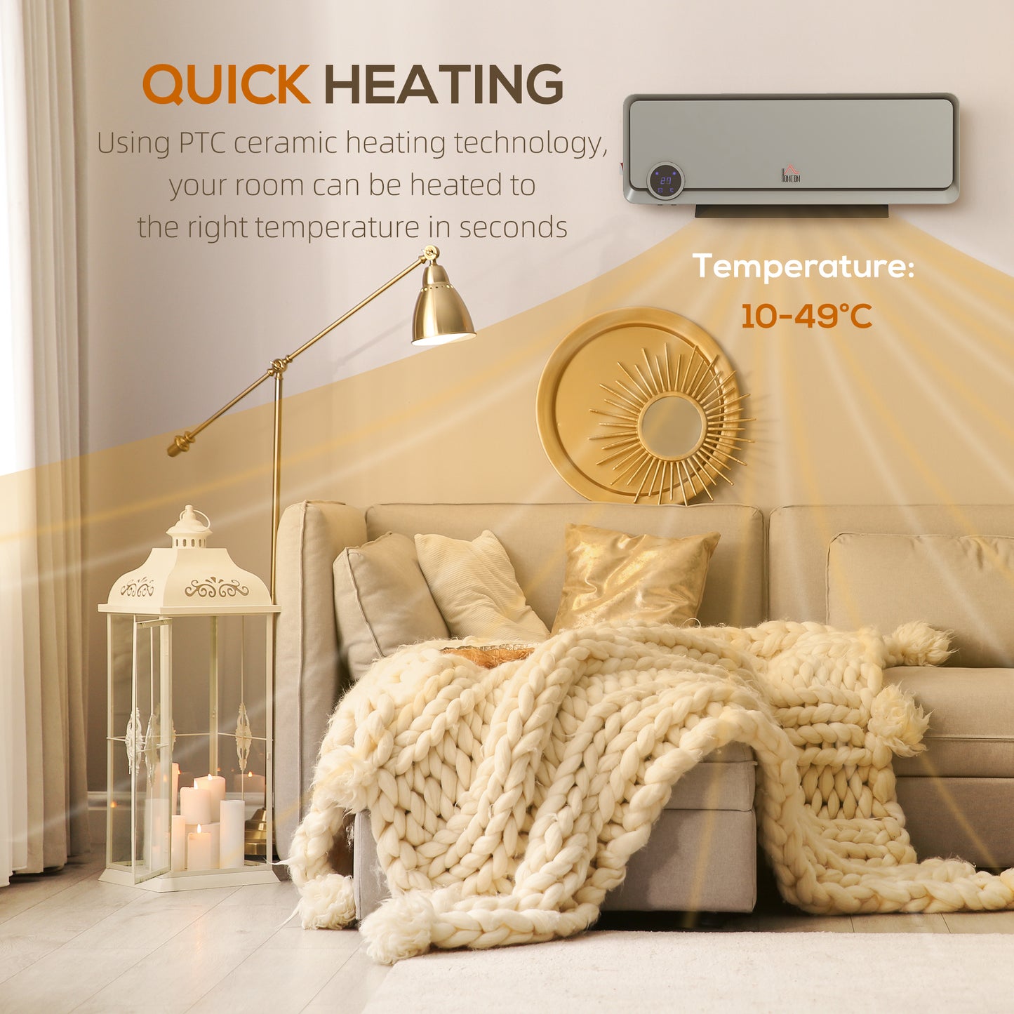 HOMCOM Wall Downflow Heater With Timer Remote Oscillating 1000W 2000W Electric Space Heater Grey