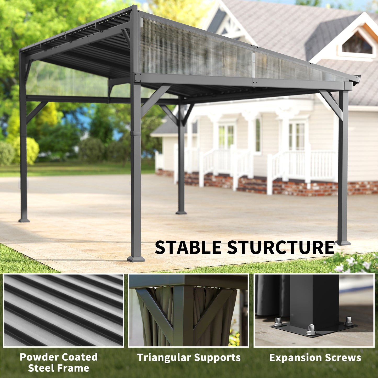 Outsunny 4.3m By 3m Garden Pergola With Galvanized Steel Roof Lean To Gazebo With Netting Curtains Dark Grey
