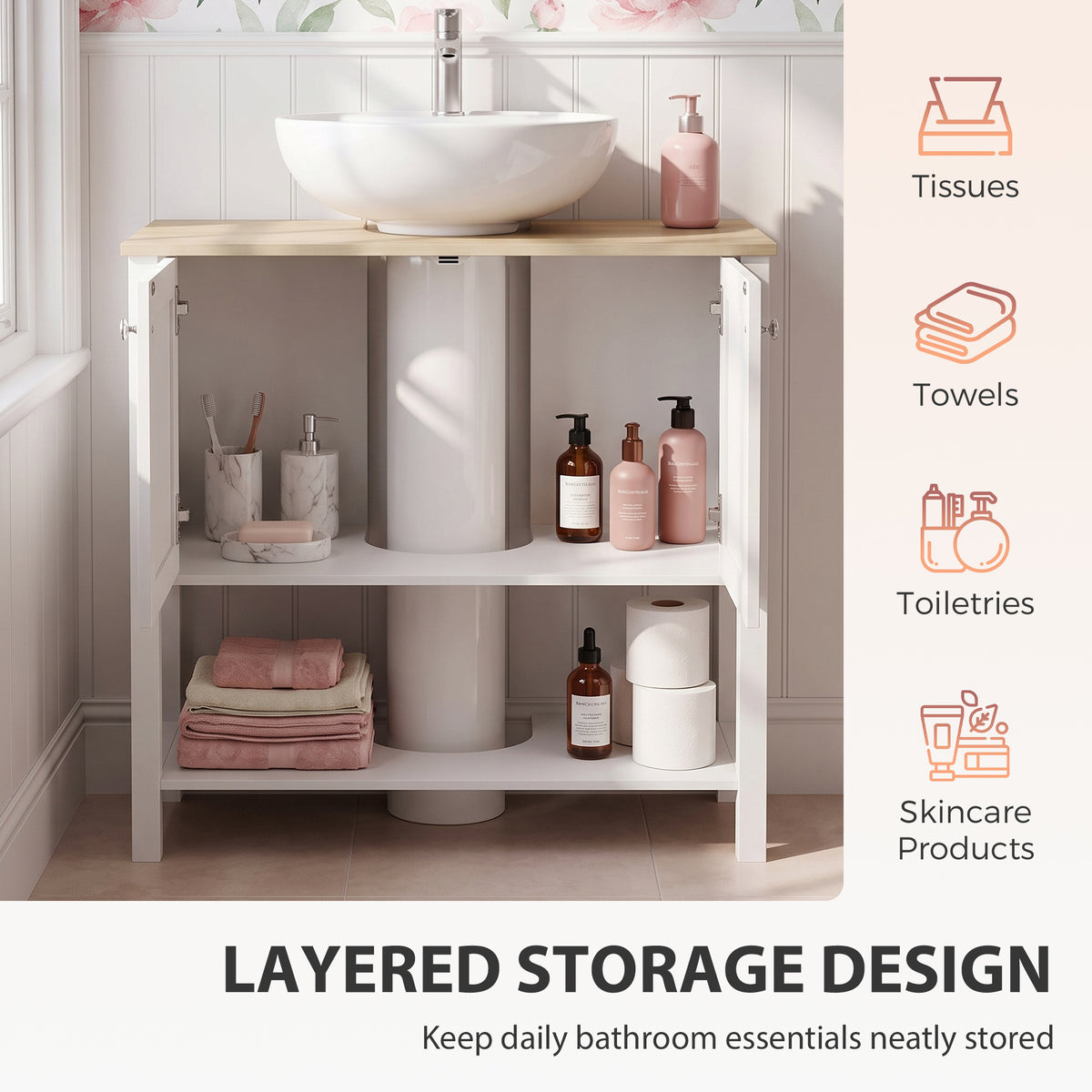 Under-sink cabinet with two doors and open storage shelves, wood top, white finish.
