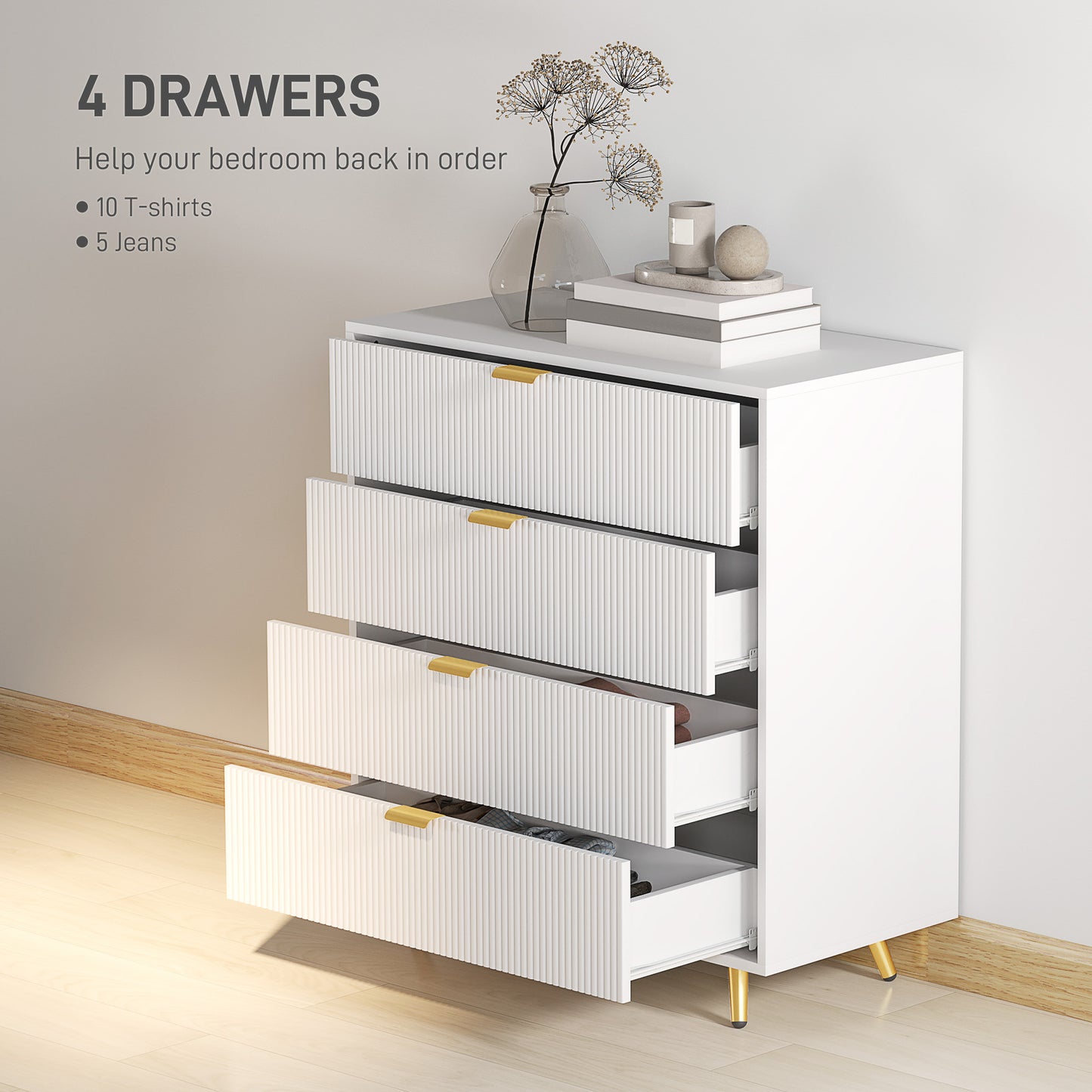 HOMCOM Elegant Four Drawer Bedside Table White With Ample Storage Nightstand For Bedroom