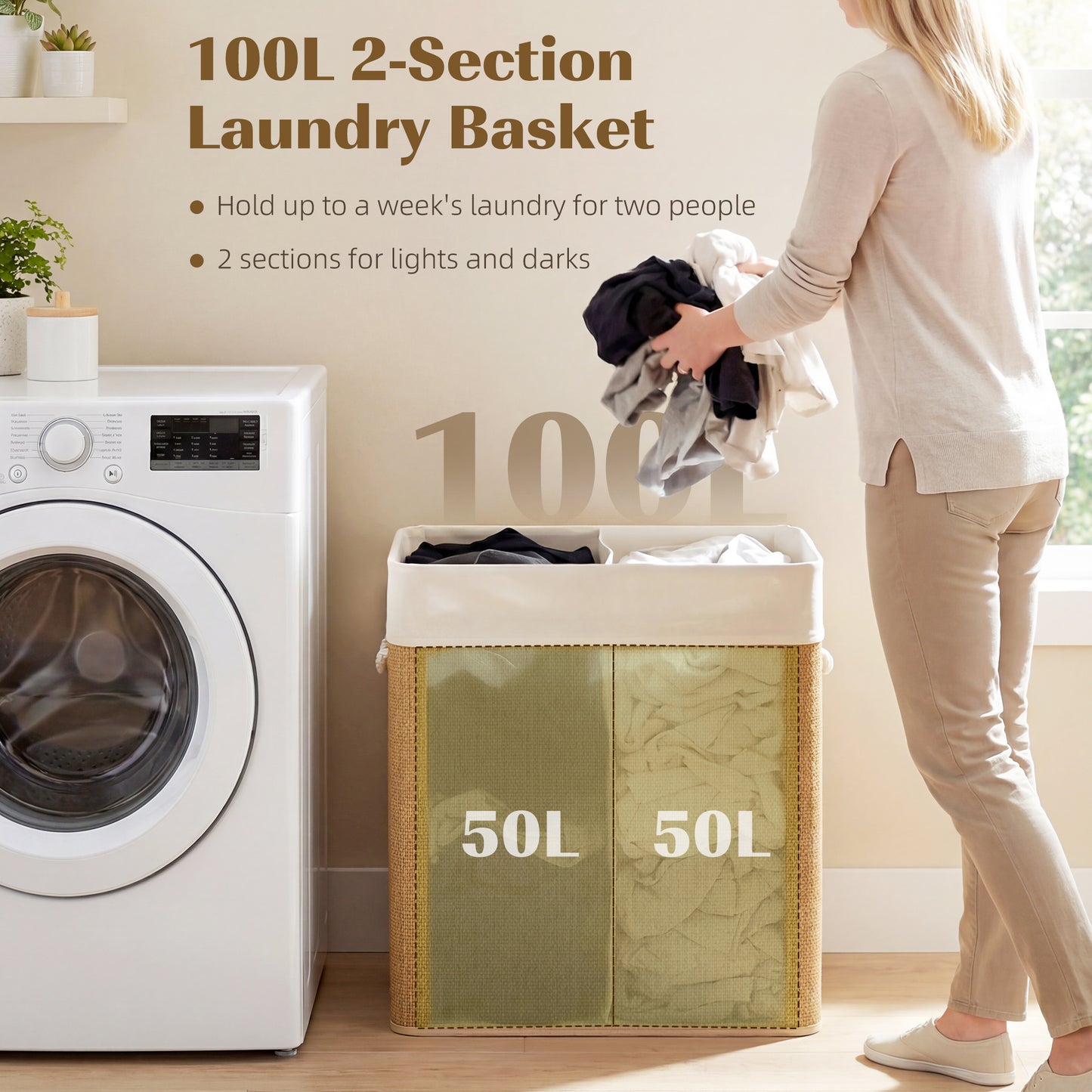 HOMCOM Double Laundry Basket With Lid 100L Bamboo Hamper With Rope Handles Removable Liner For Bathroom Bedroom Brown