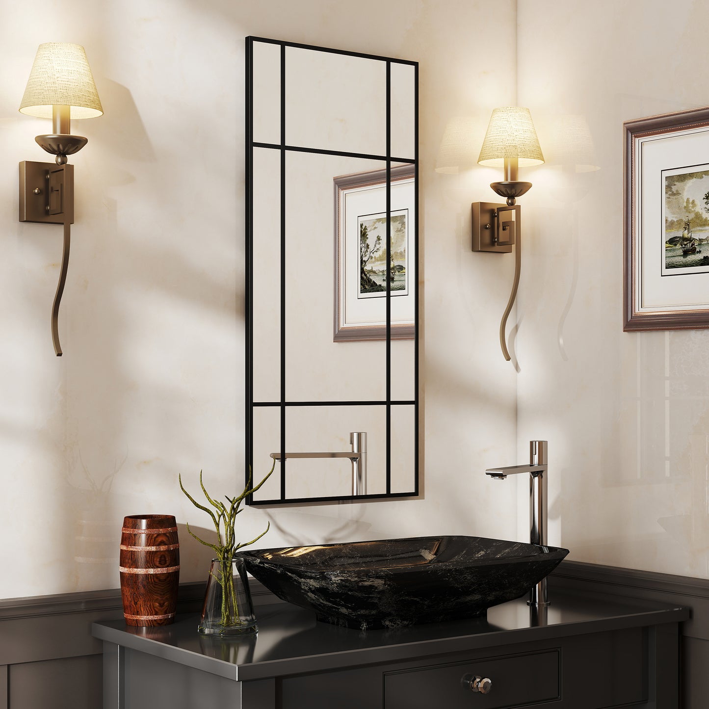 HOMCOM Decorative Grid Wall Mirror With Back Hooks Black Finish For Living Room Bedroom Decor