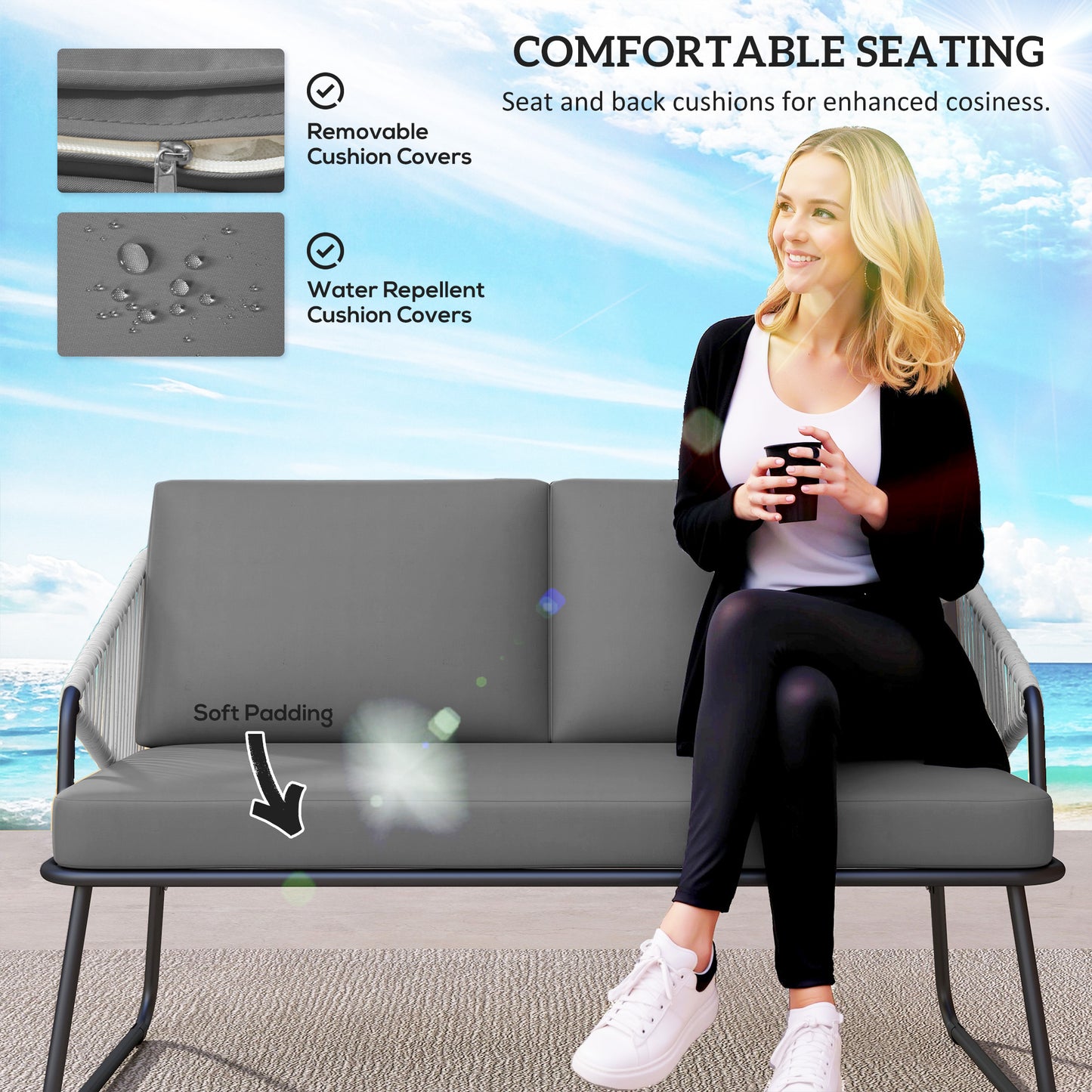 Outsunny Four Piece Rattan Outdoor Sofa Set with Strong Steel Frame Grey Loveseat Two Chairs and Coffee Table