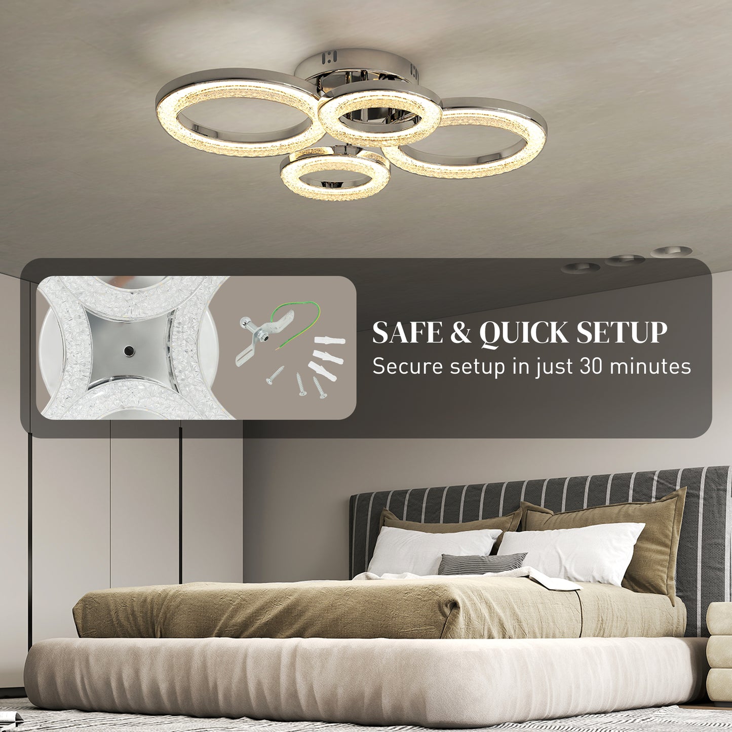 HOMCOM LED Ceiling Light 4 Ring Flush Mount With Wall Switch Control 40W 4350lm 3500K 4500K 6000K Silver