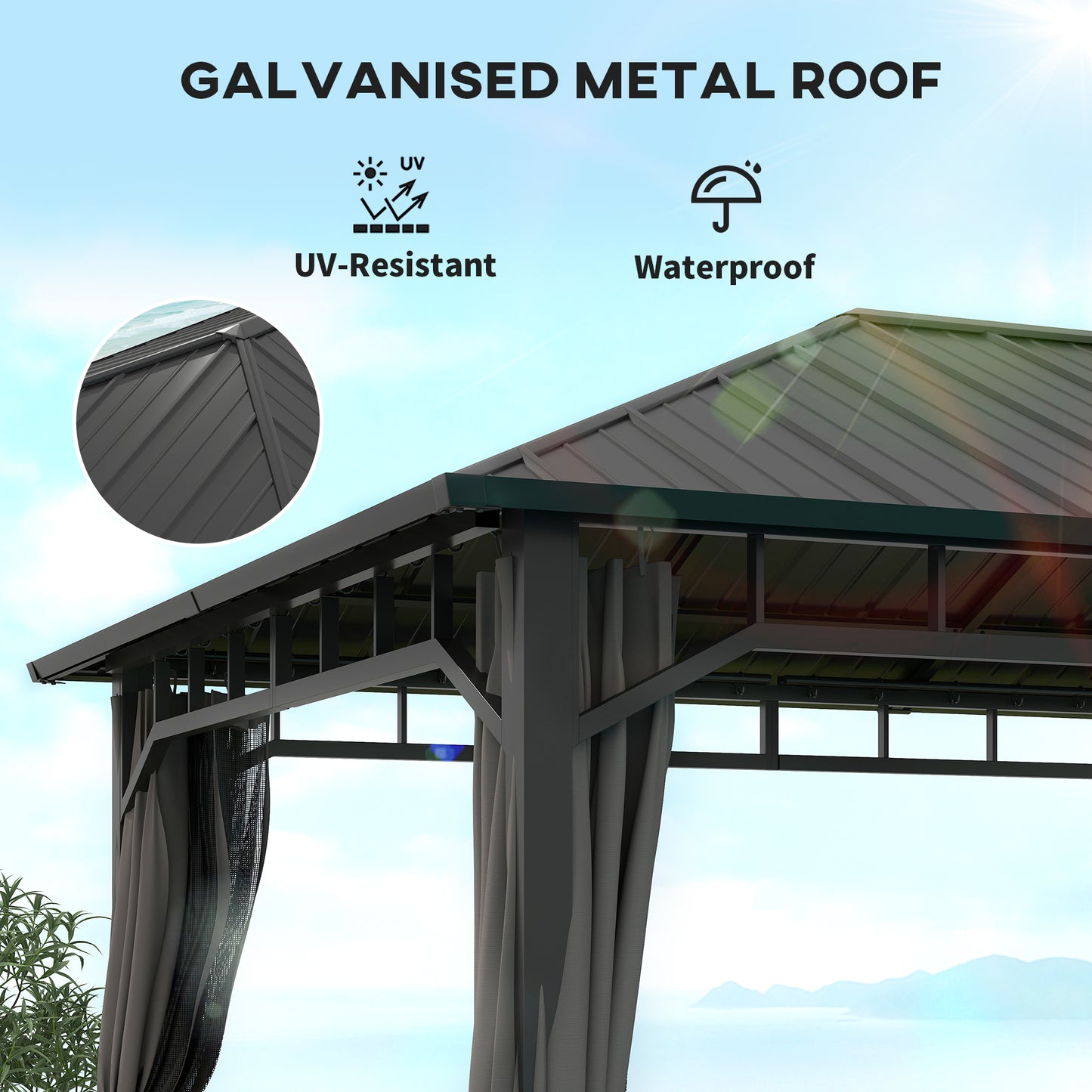 Outsunny 3 x 4m Hardtop Gazebo With Galvanised Steel Roof Water Gutter Waterproof Pavilion For Patio And Deck Netting