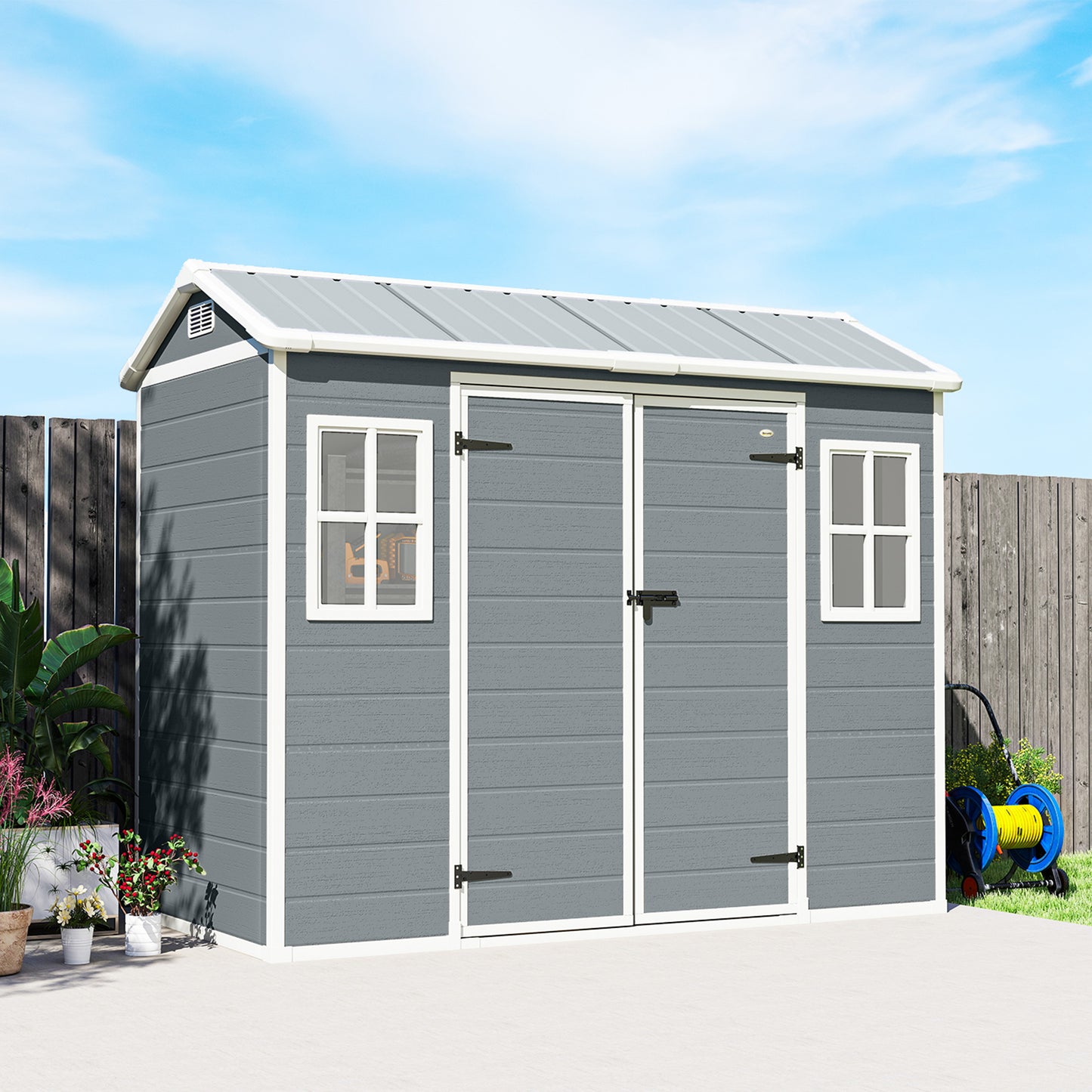Outsunny 8x4 Ft Resin Garden Shed Wood-Effect Outdoor Storage Shed With Floor Windows Lockable Doors Vents Light Grey