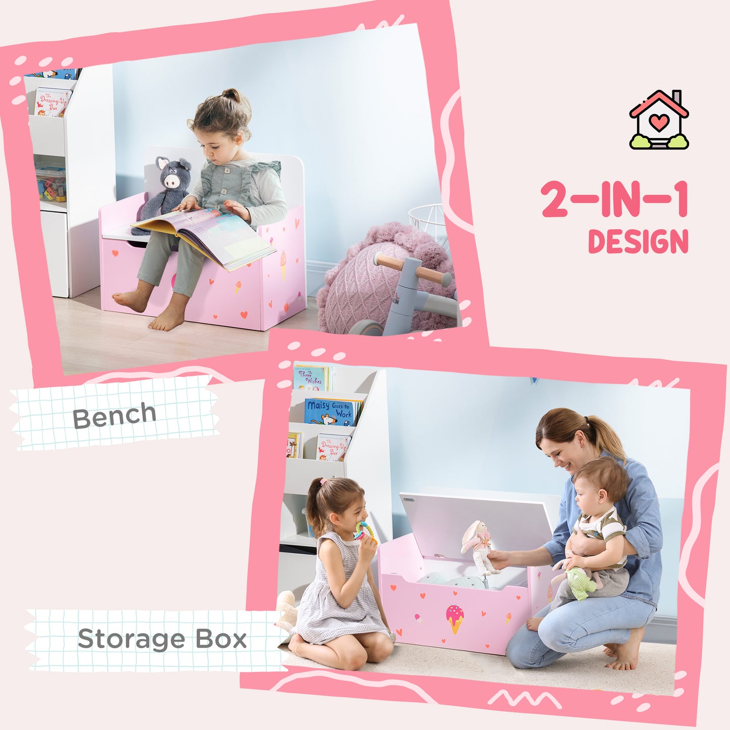 ZONEKIZ Pink Wooden Toy Storage Bench: Safe and Stylish Organizer for Kids' Rooms - ALL4U RETAILER LTD