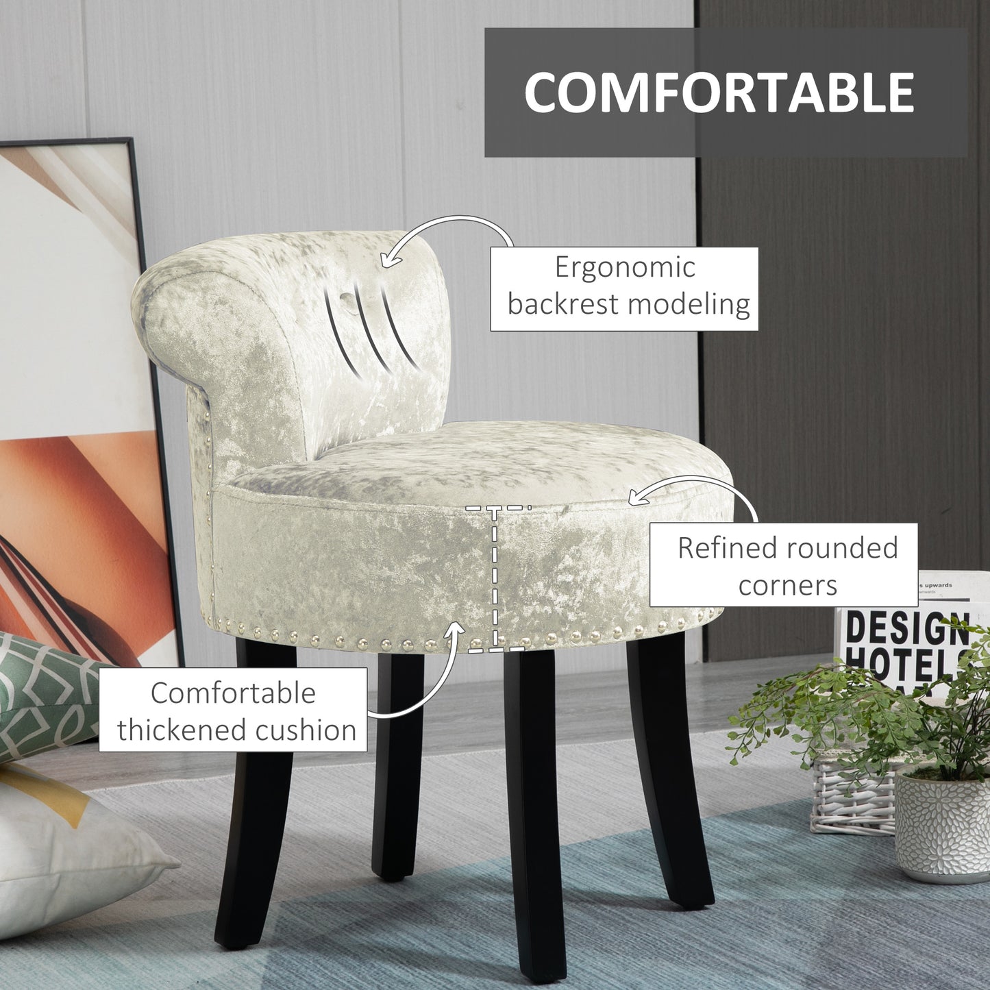 HOMCOM Dressing Table Stool With Rubber Wood Legs Ice Velvet Vanity Chair For Living Room And Bedroom Beige