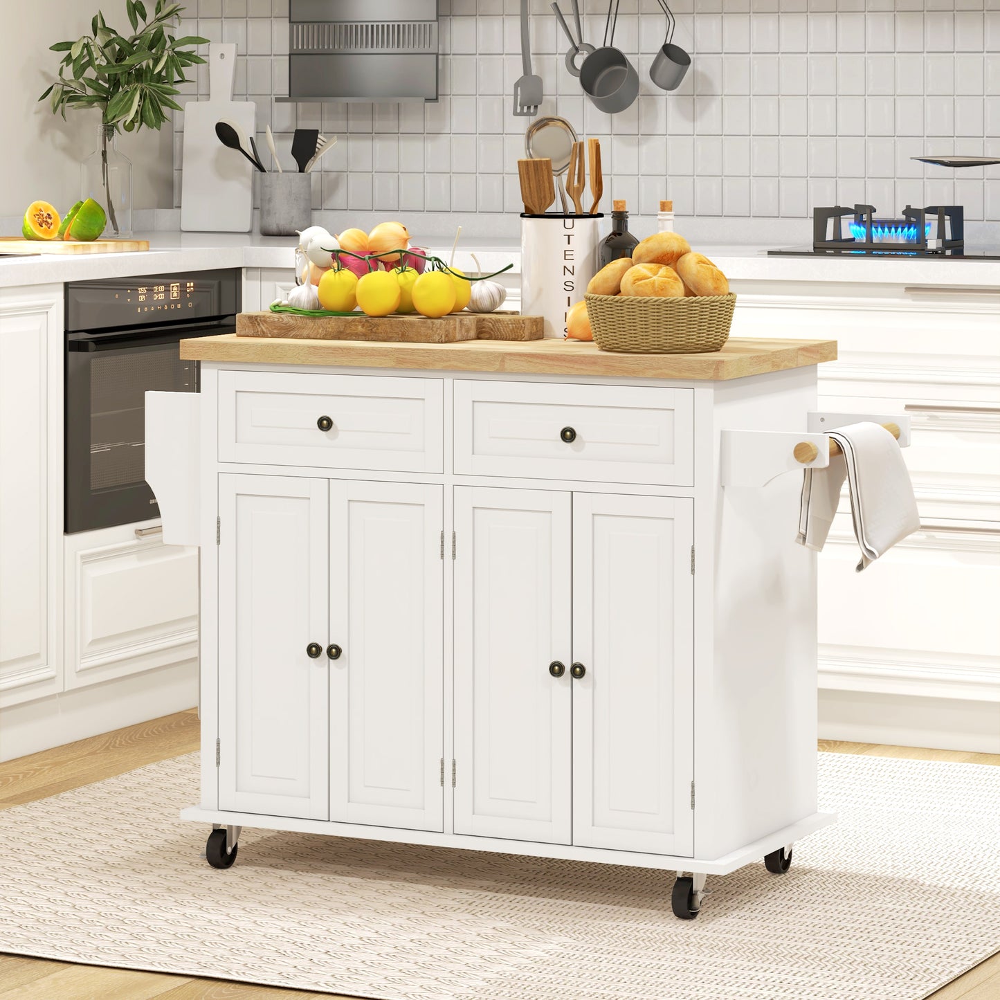 HOMCOM Rolling Kitchen Island Storage Trolley With Rubber Wood Top 2 Drawers 2 Cabinets Towel Bar Cream White