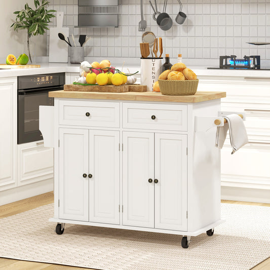 HOMCOM Rolling Kitchen Island Storage Trolley With Rubber Wood Top 2 Drawers 2 Cabinets Towel Bar Cream White