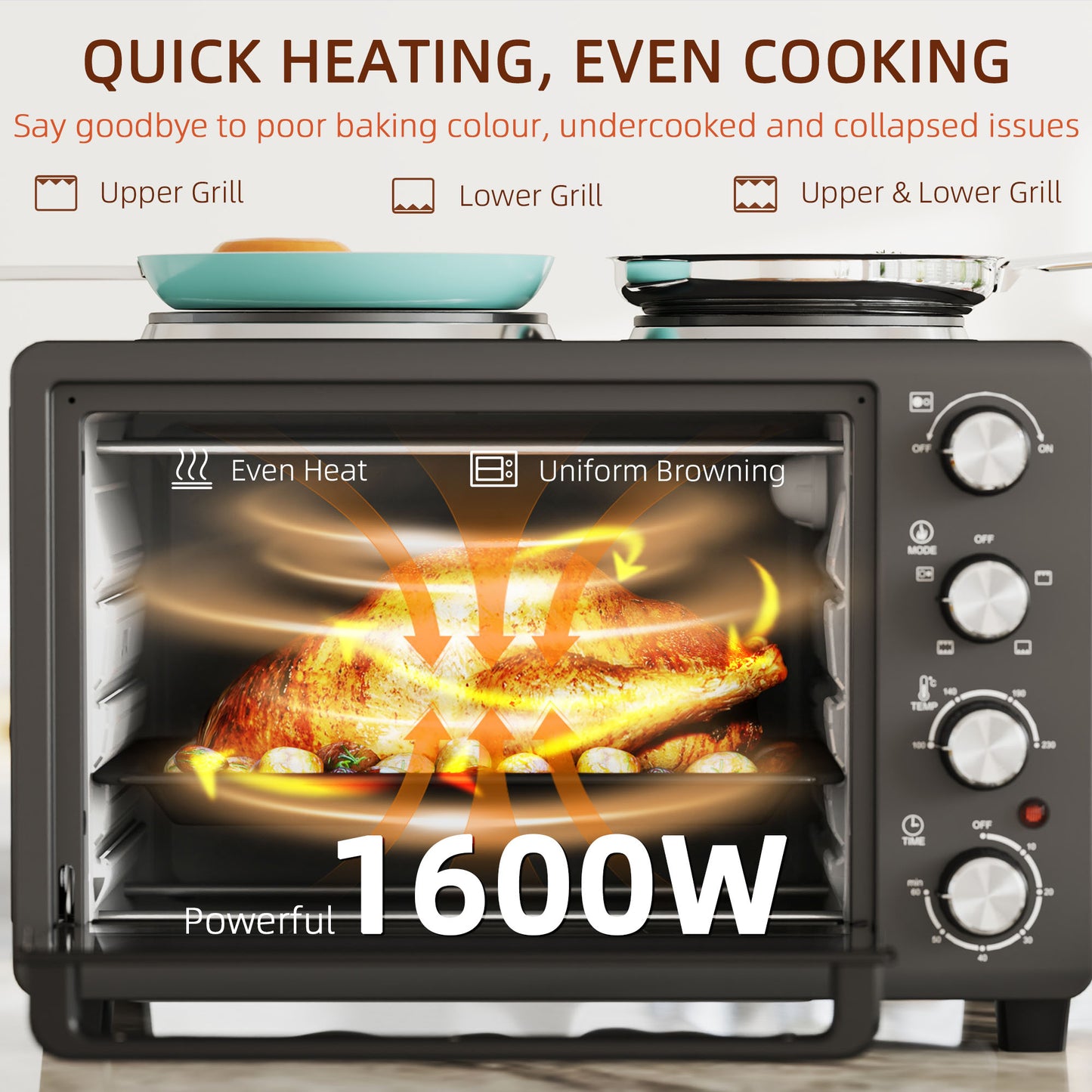 HOMCOM 28L Mini Oven With Dual Hot Plates 2600W Countertop Toaster Oven Grill Bake Roast Boil