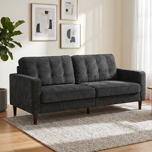 Dark grey 3-seater velvet sofa with button-tufted back and wooden legs