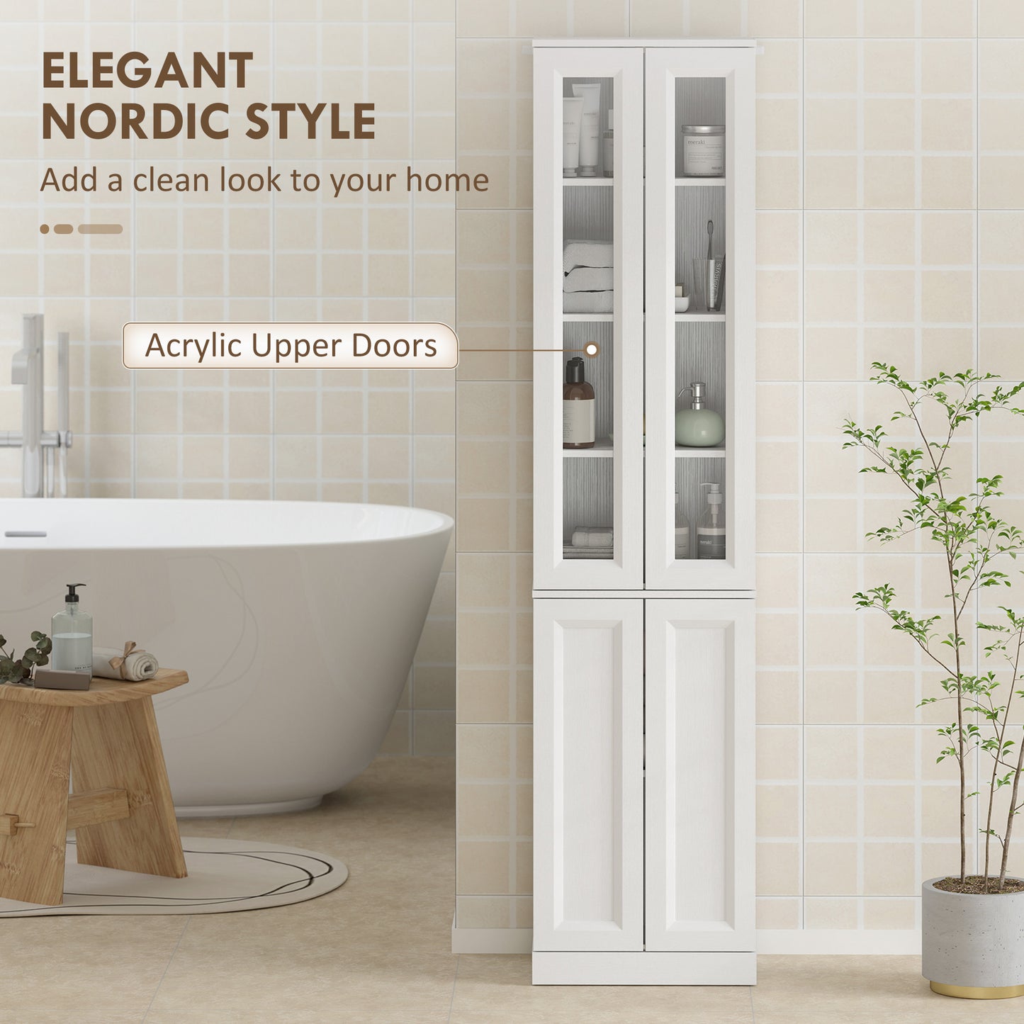 HOMCOM Tall Bathroom Storage Cabinet Six Tier Slim Design With Adjustable Shelf Four Soft Close Doors White